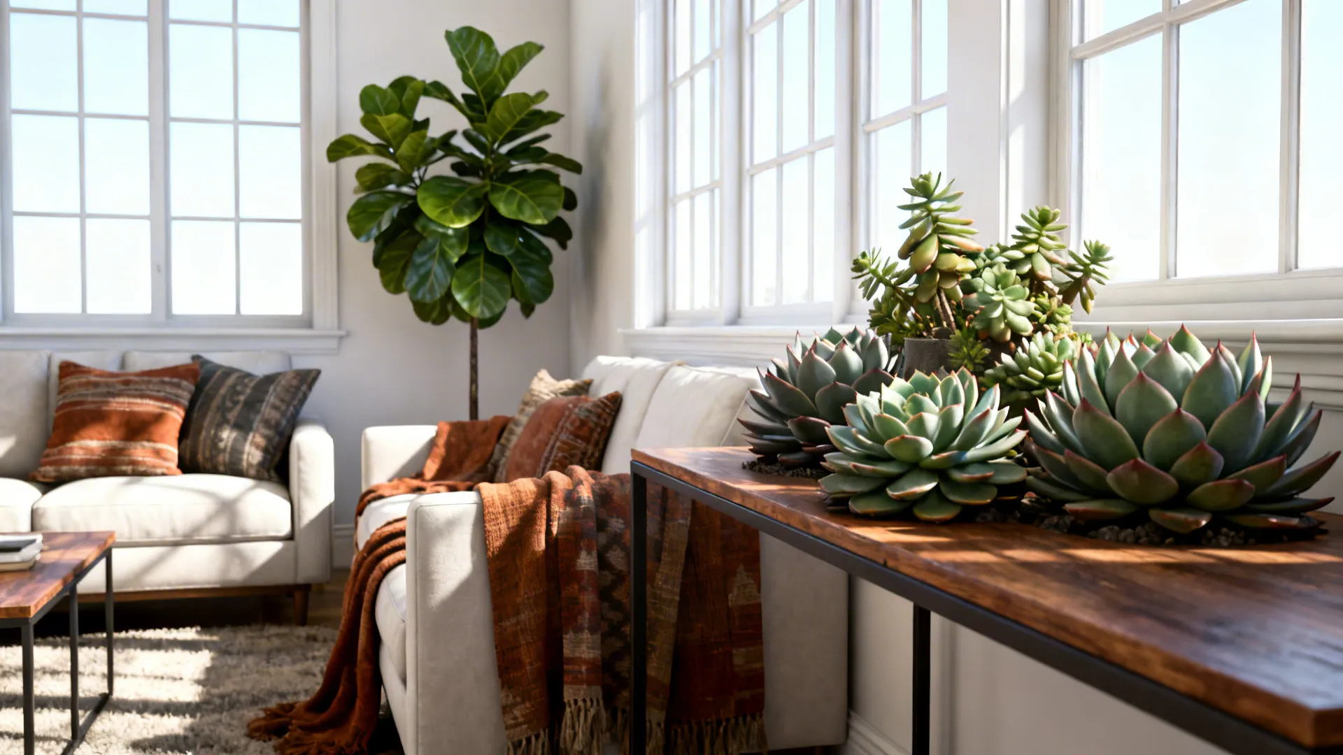 White living room with fiddle leaf fig and succulents adding warmth