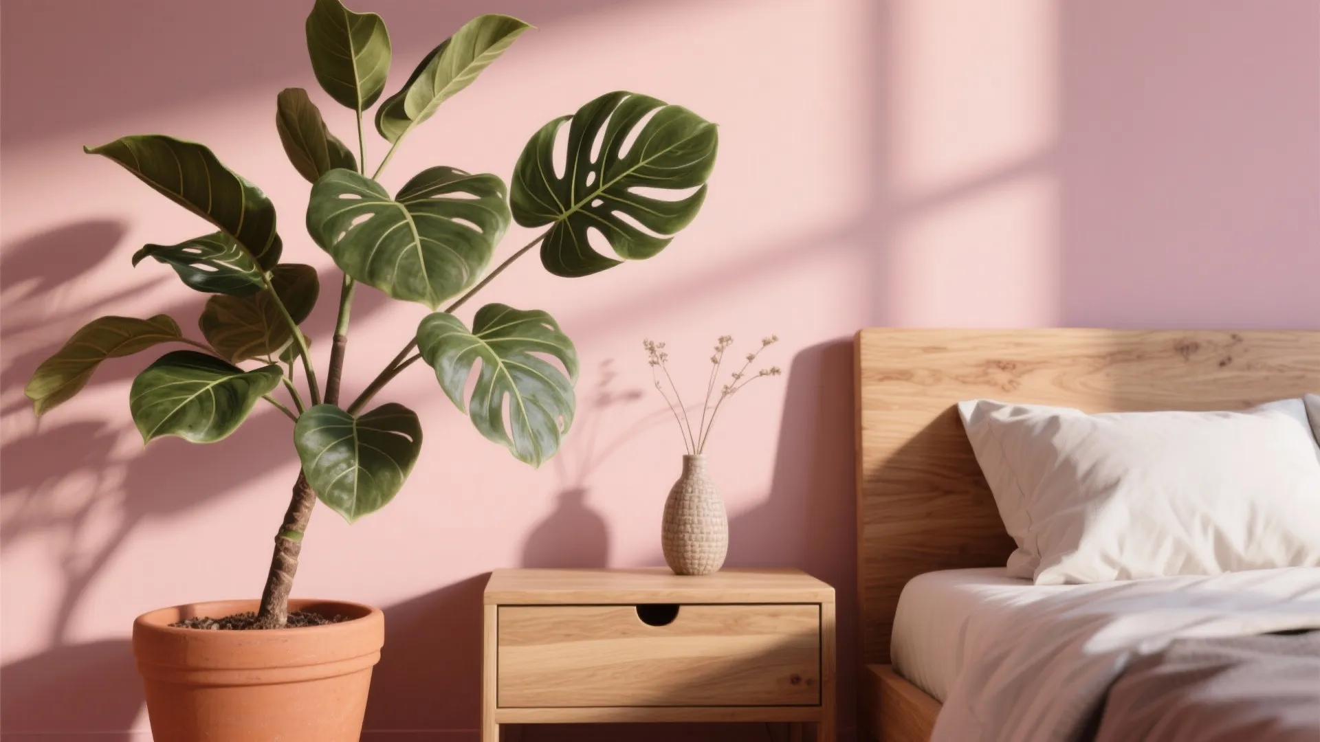 Green potted plant next to wooden table and bed with pink wall in natural light