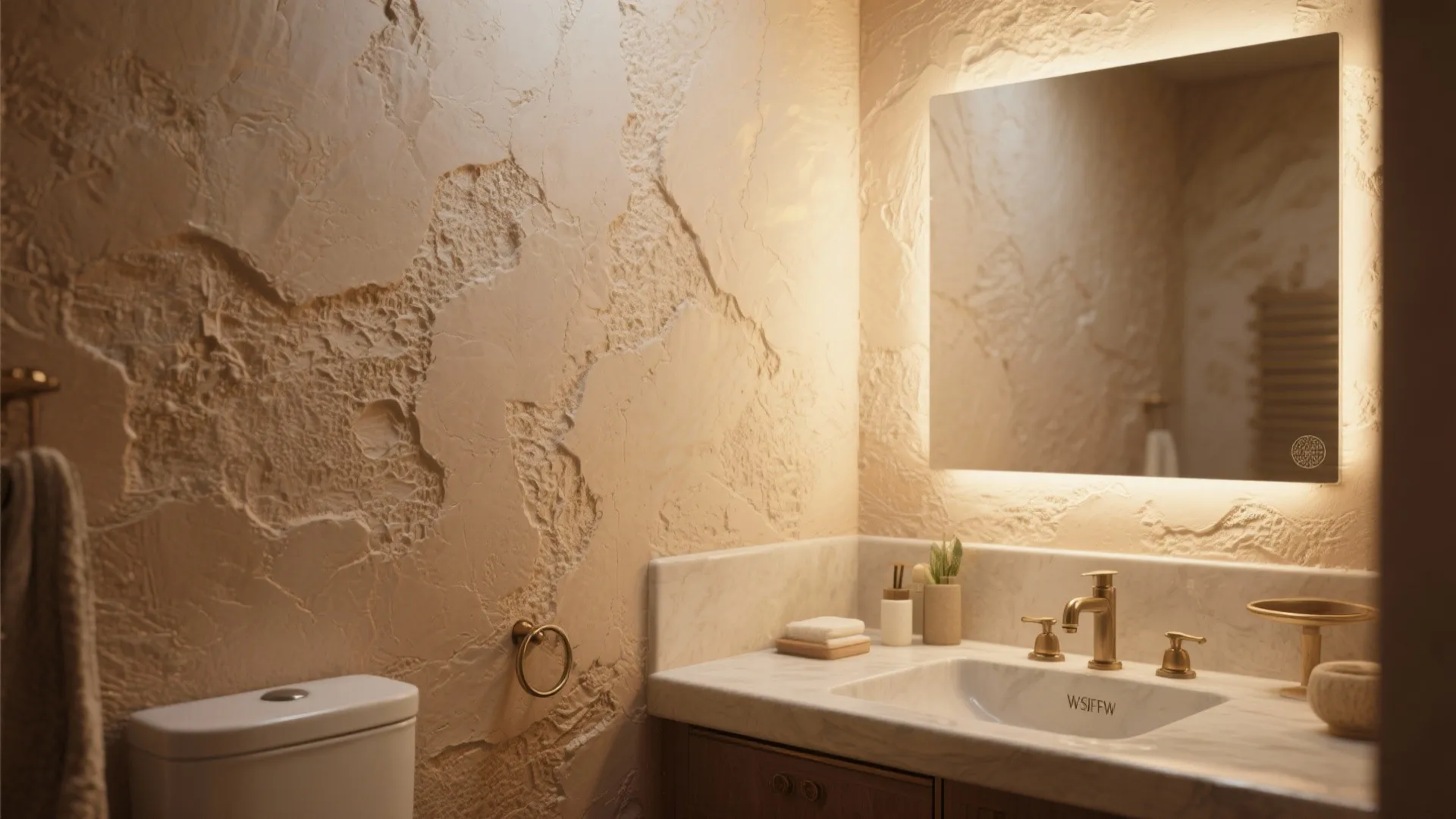 Modern bathroom with textured plaster wall, marble counter, gold faucet, toilet, and lighted wall mirror