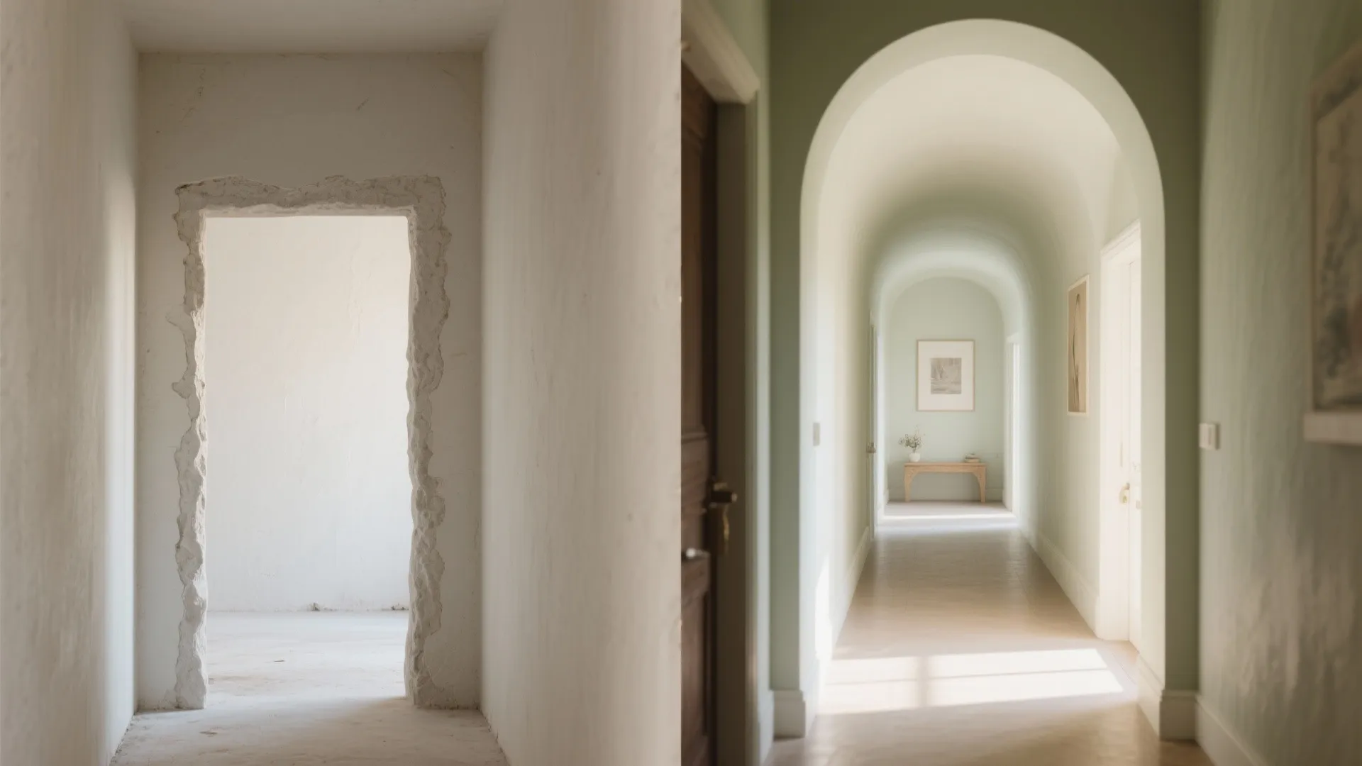 Before and after comparison of a rough door opening transformed into a smooth arched hallway