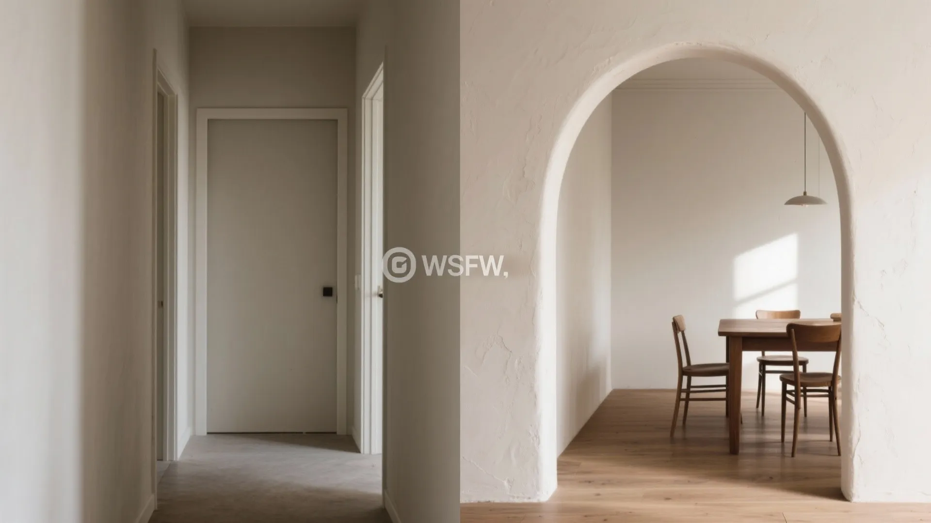 Comparison of a simple white door hallway and a stylish dining room with arched wall