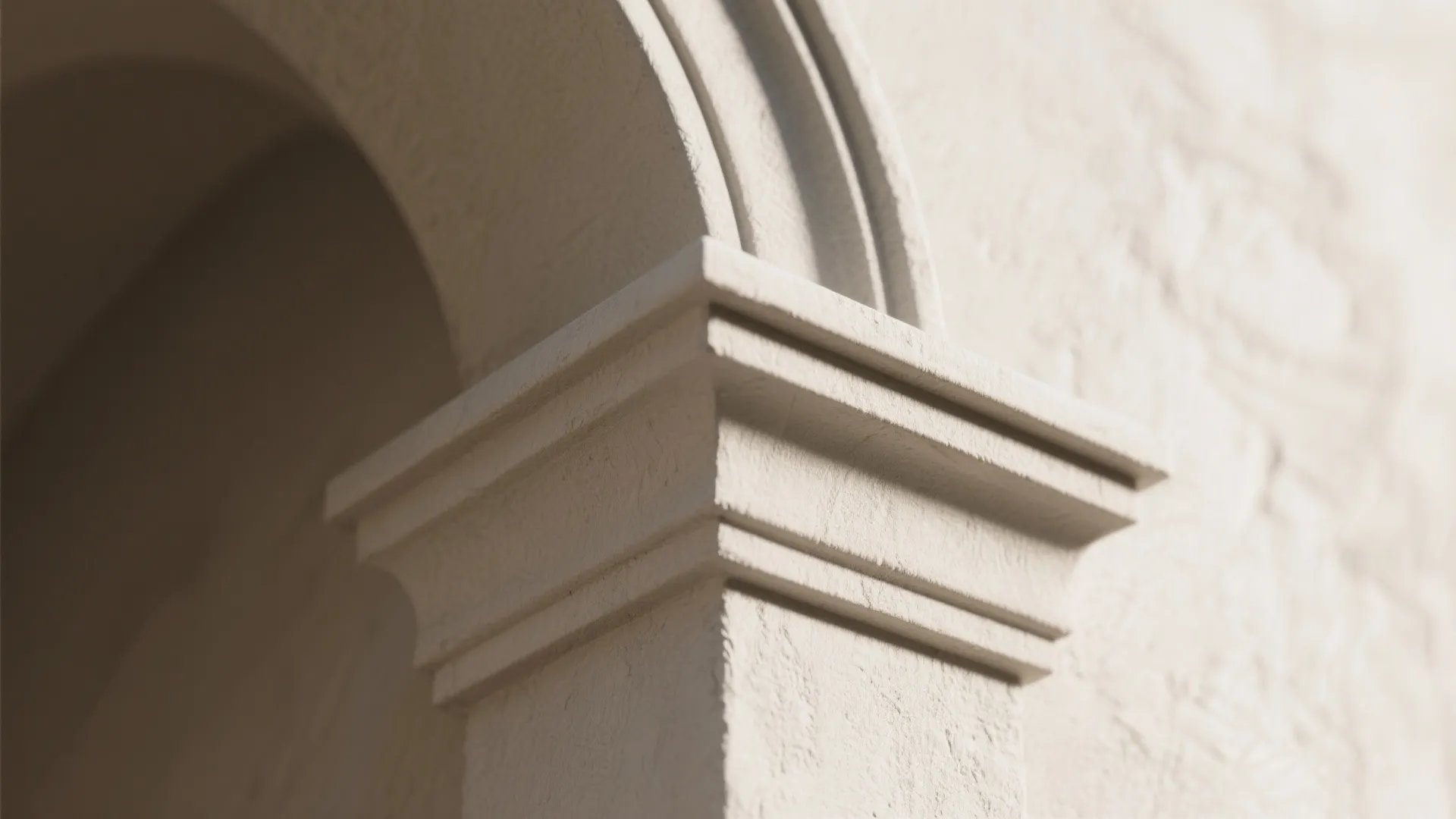Close up of white plaster arch design with decorative wall trim and textured stone finish
