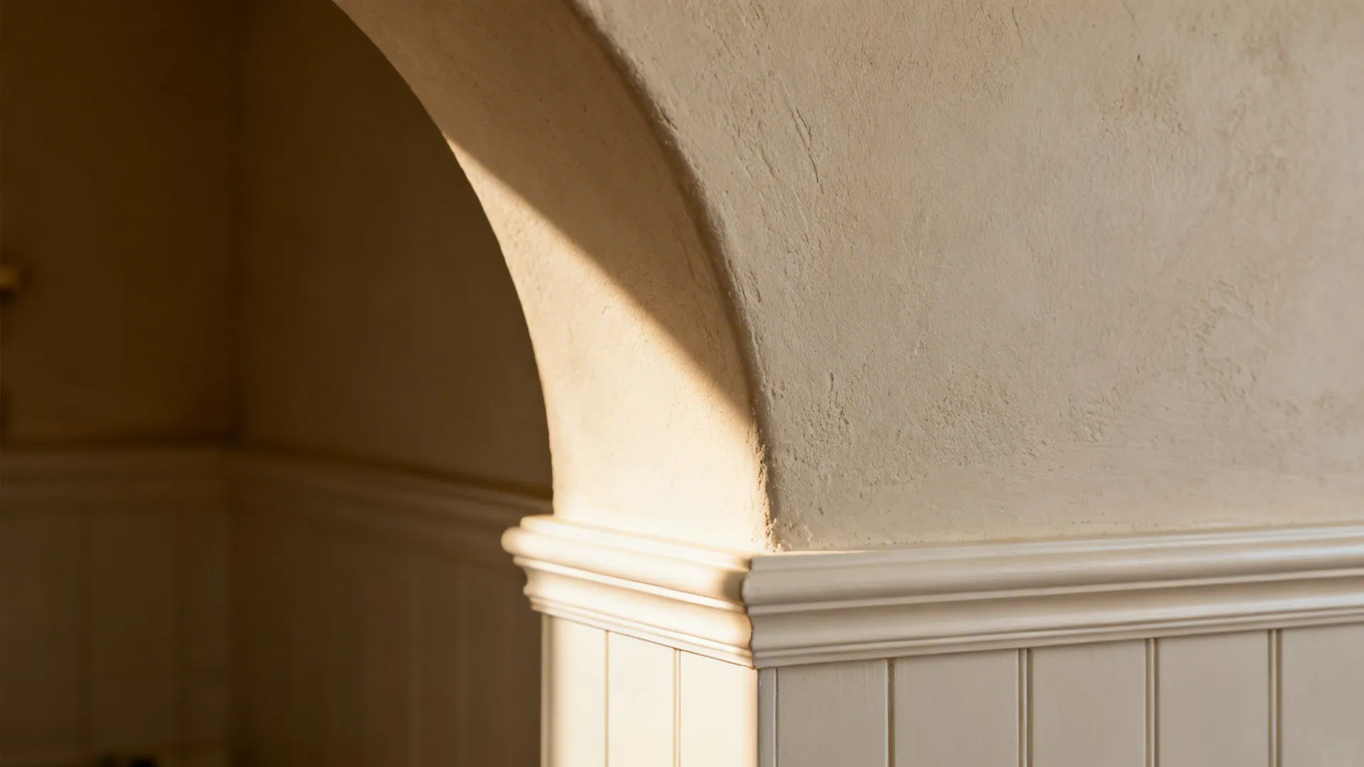 Macro detail of a smooth plaster arch radius with soft daylight highlighting texture.