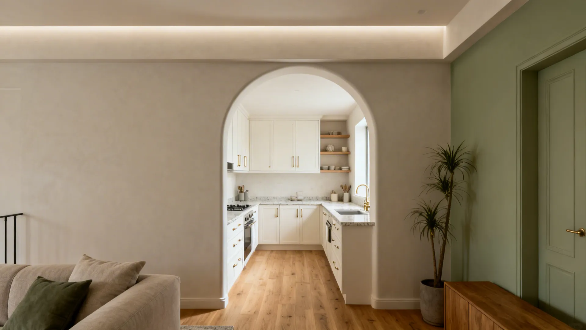 Shallow matte plaster arch defining the edge of a small open kitchen with soft daylight.
