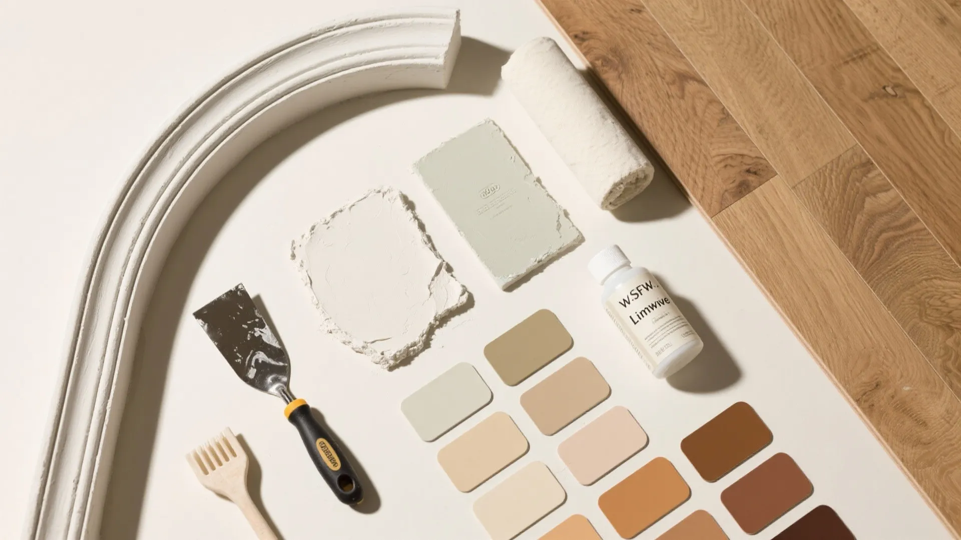 Flatlay of interior design materials including wall panel paint colors wood floor samples and tools