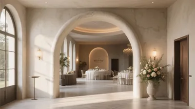 Elegant Event Hall with Arched Entrance & Warm Lighting