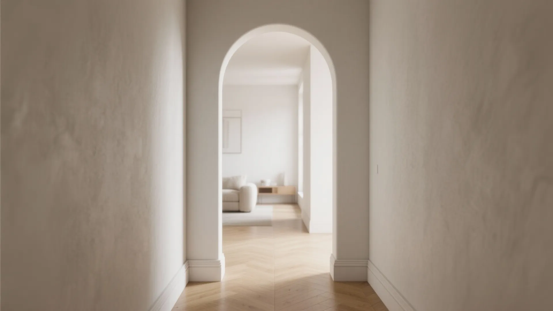 Minimalist white hallway with an arched doorway leading to a bright living room with wood flooring