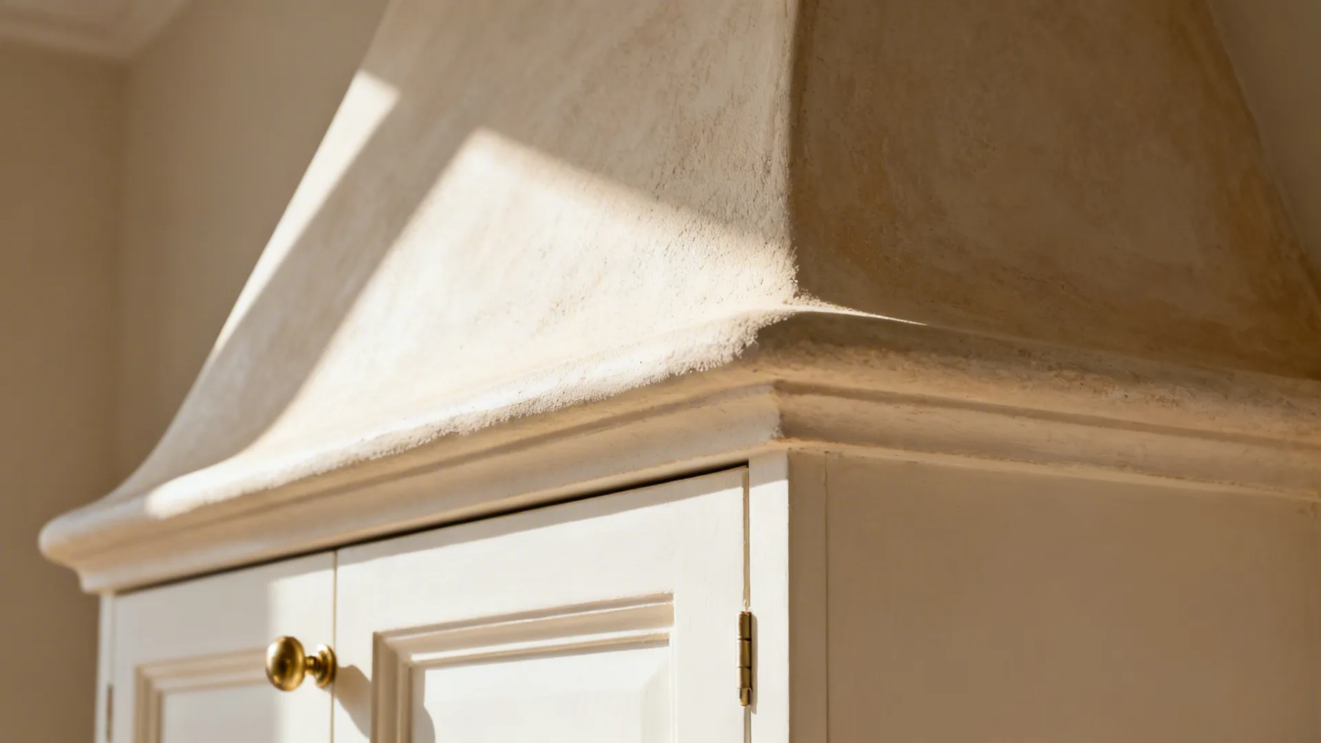 Macro of matte plaster hood curve with soft texture meeting warm white cabinetry.