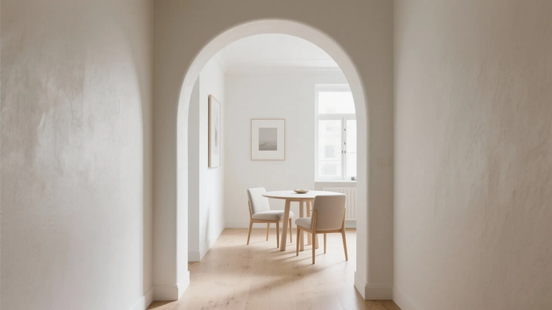 Minimalist white dining room with round wooden table and two chairs seen through large arched doorway