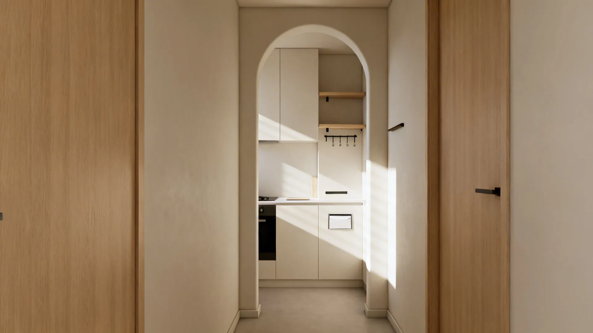 1) Plastered Soft Arch Opening with Hidden Storage