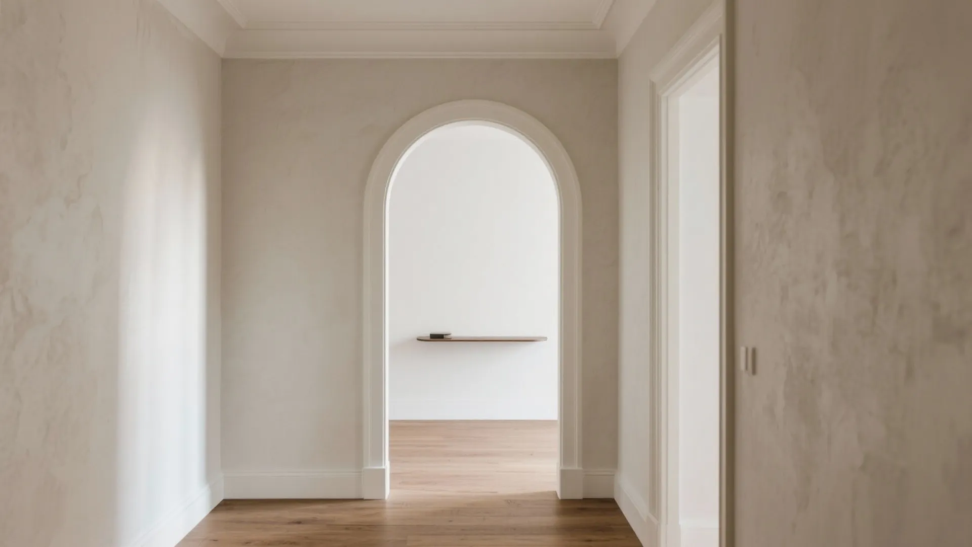 Minimalist interior view through a white arched doorway showing a simple wooden shelf and floor