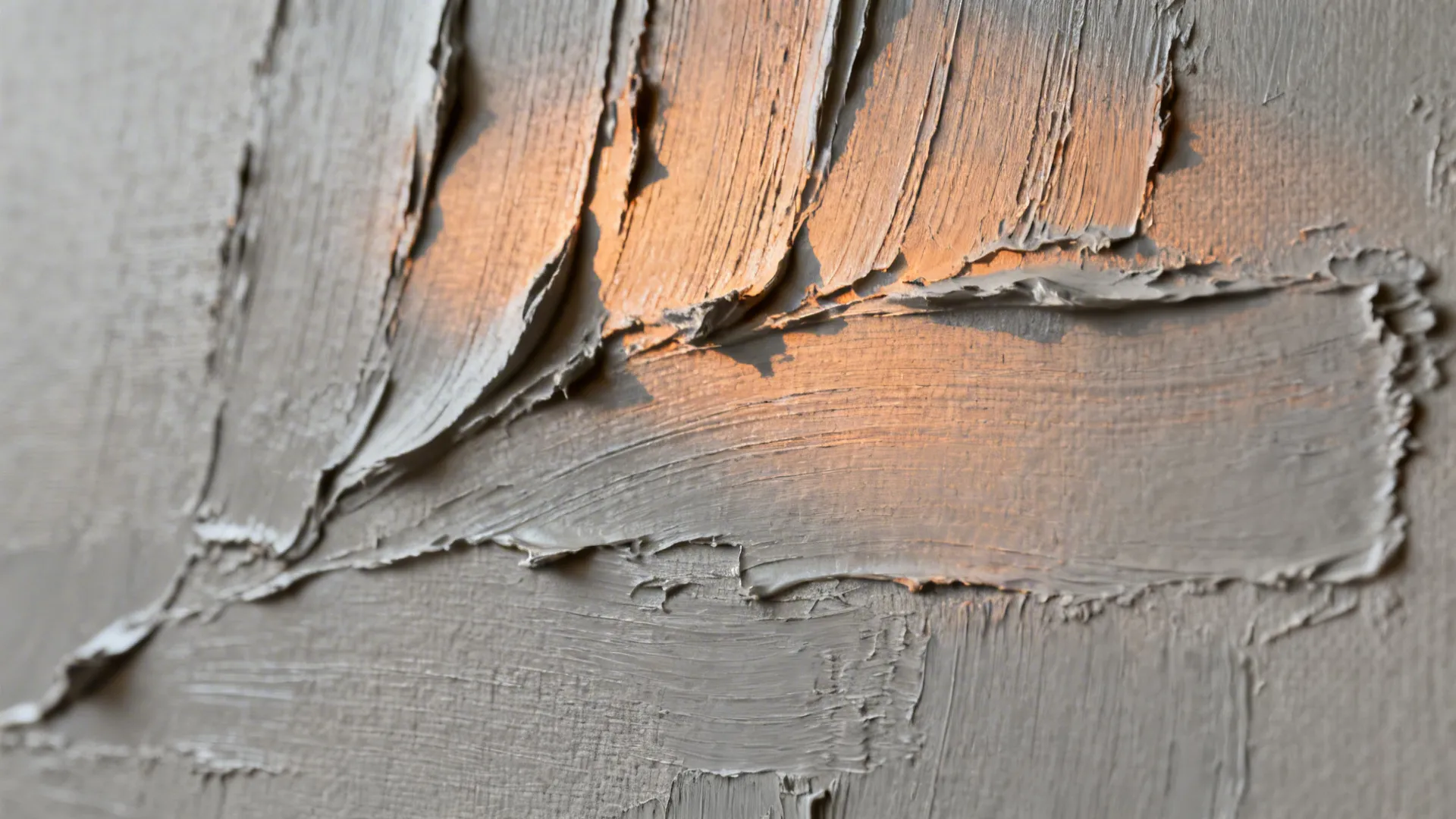 Macro detail of plaster ridges with warm gray dry-brush catching soft light.