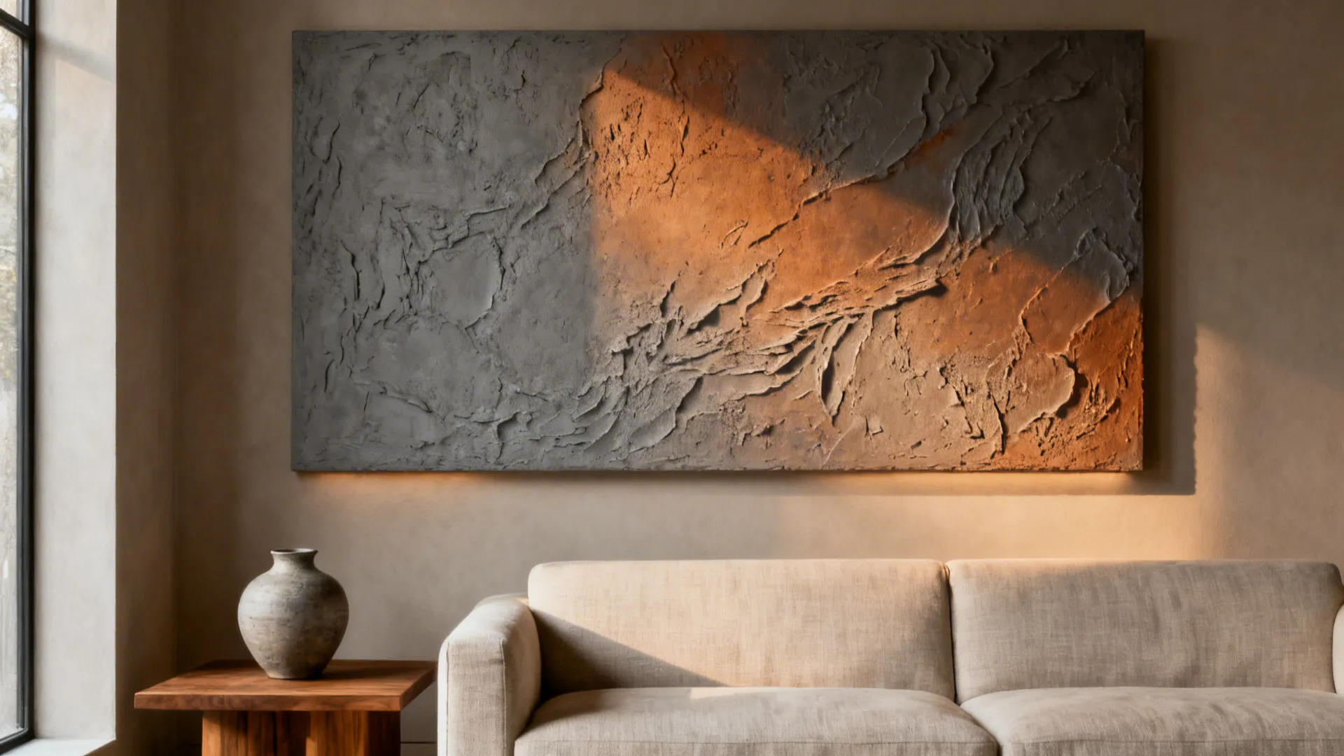 Side-lit living room with large textured plaster artwork in warm neutrals.