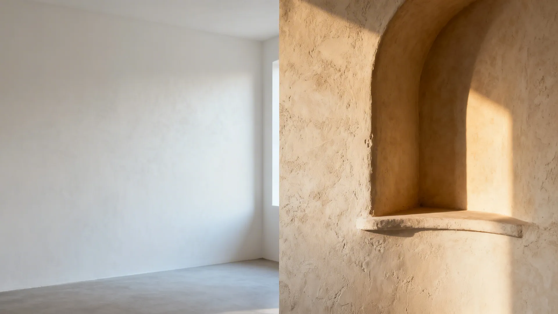 Before-and-after comparison showing a plain wall transformed into a textured plaster surface with soft curves.