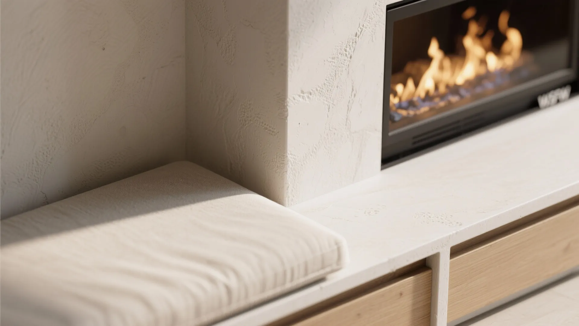 Minimalist Corner Mantel with Built‑In Bench