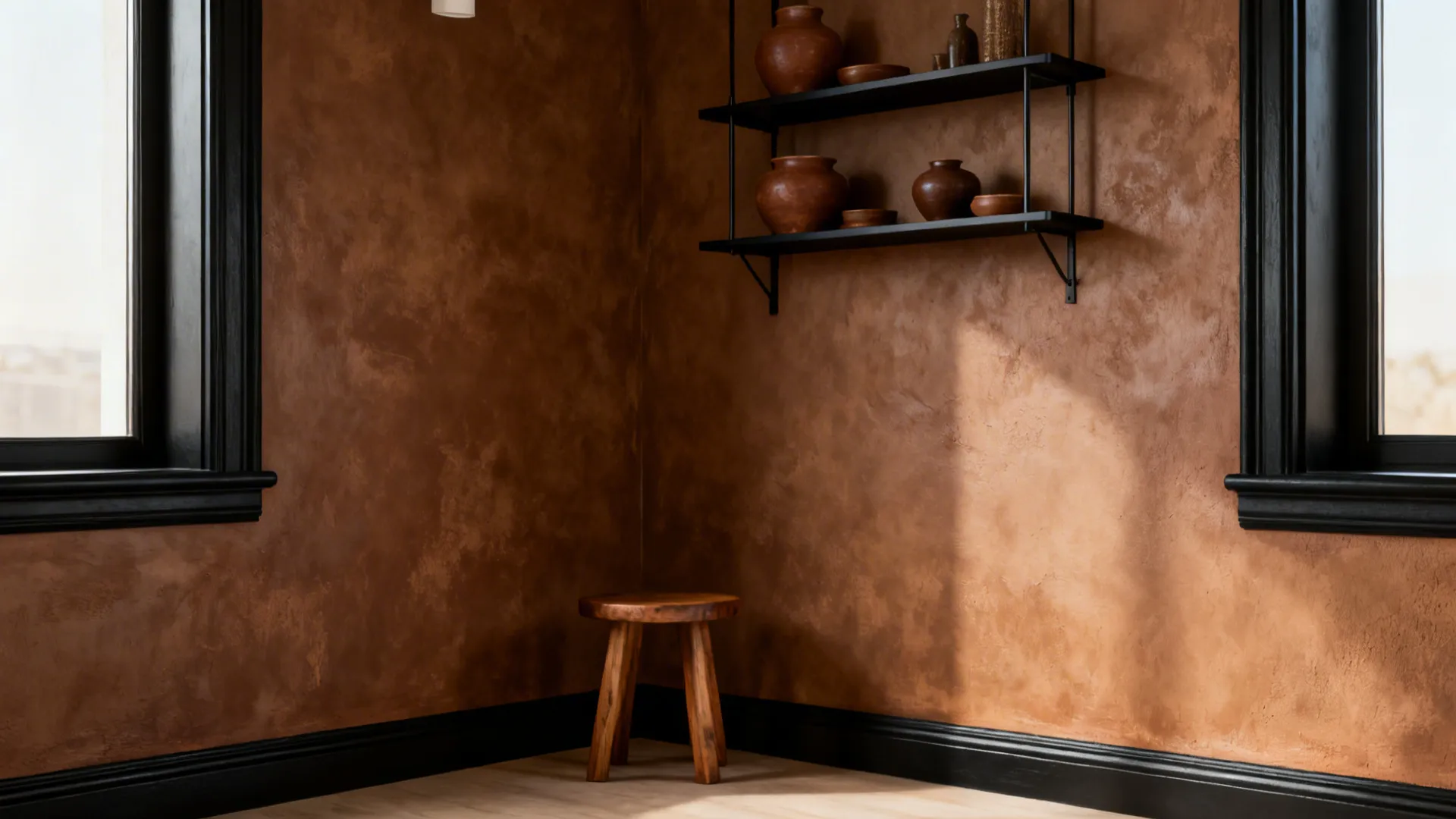 2. Textured Walls: Brown Venetian Plaster and Black Trim