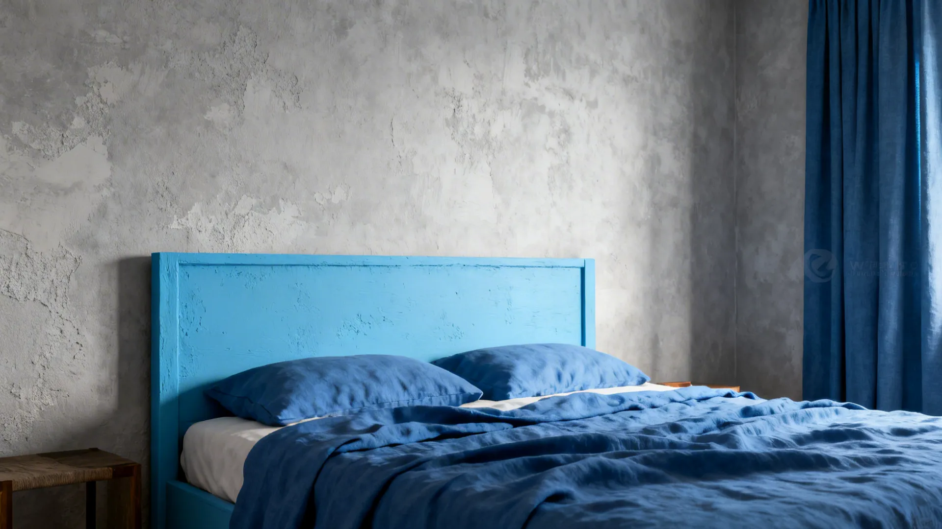 Bedroom with soft gray limewash walls and light-blue headboard and bedding.