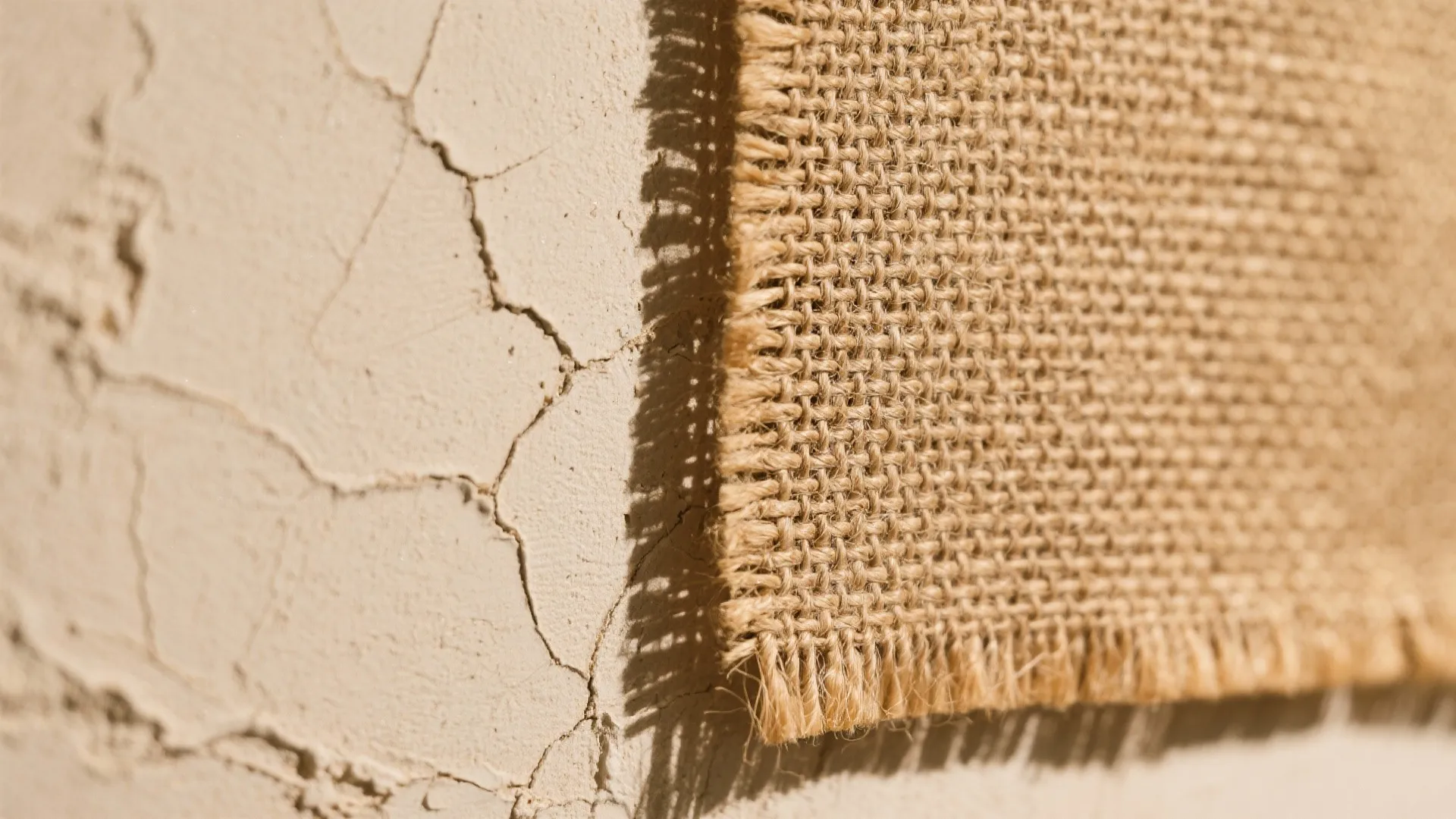 Close up view of natural brown burlap fabric texture hanging on a cracked beige wall