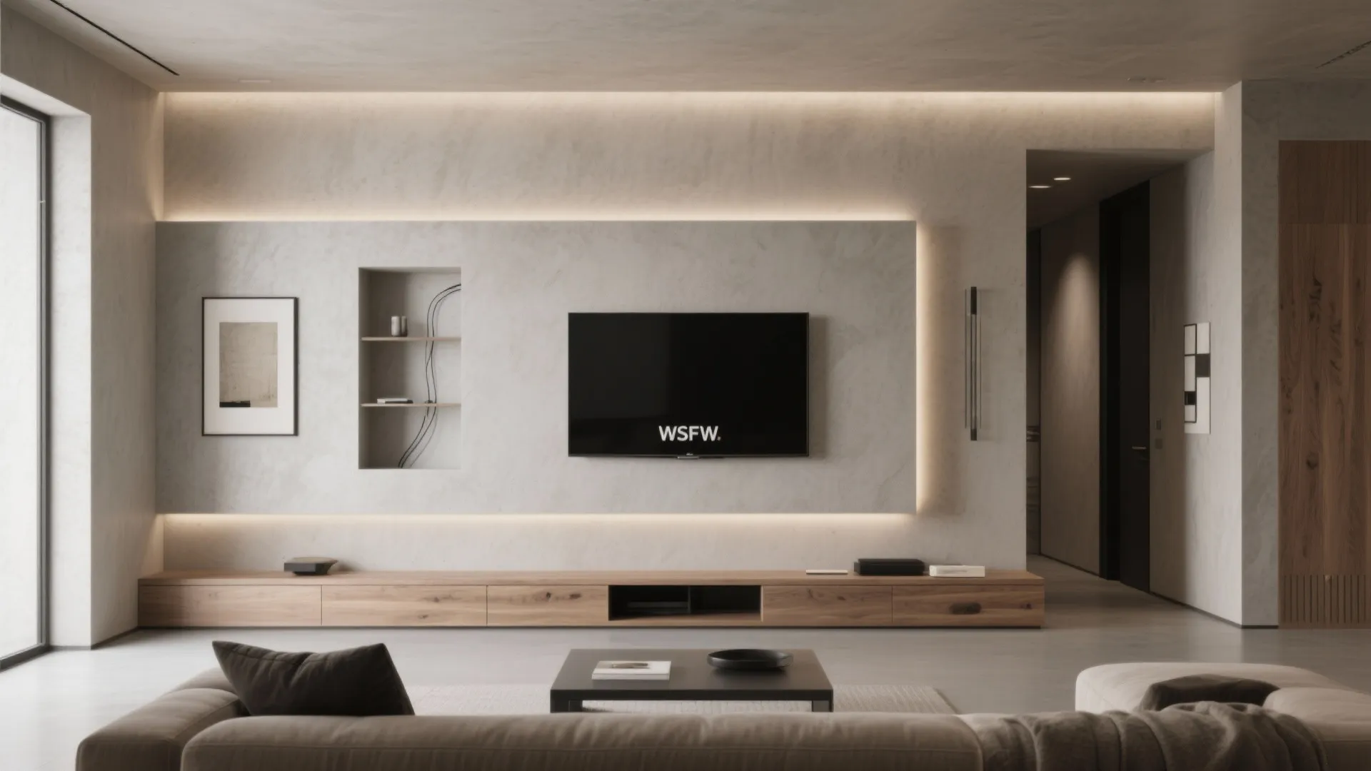 Living room with television on stone wall, long wooden cabinet, soft lighting, and grey sofa