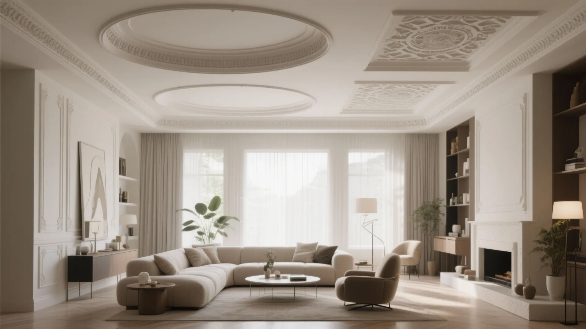 Modern living room with circular ceiling design beige sofa fireplace wall panel and large windows