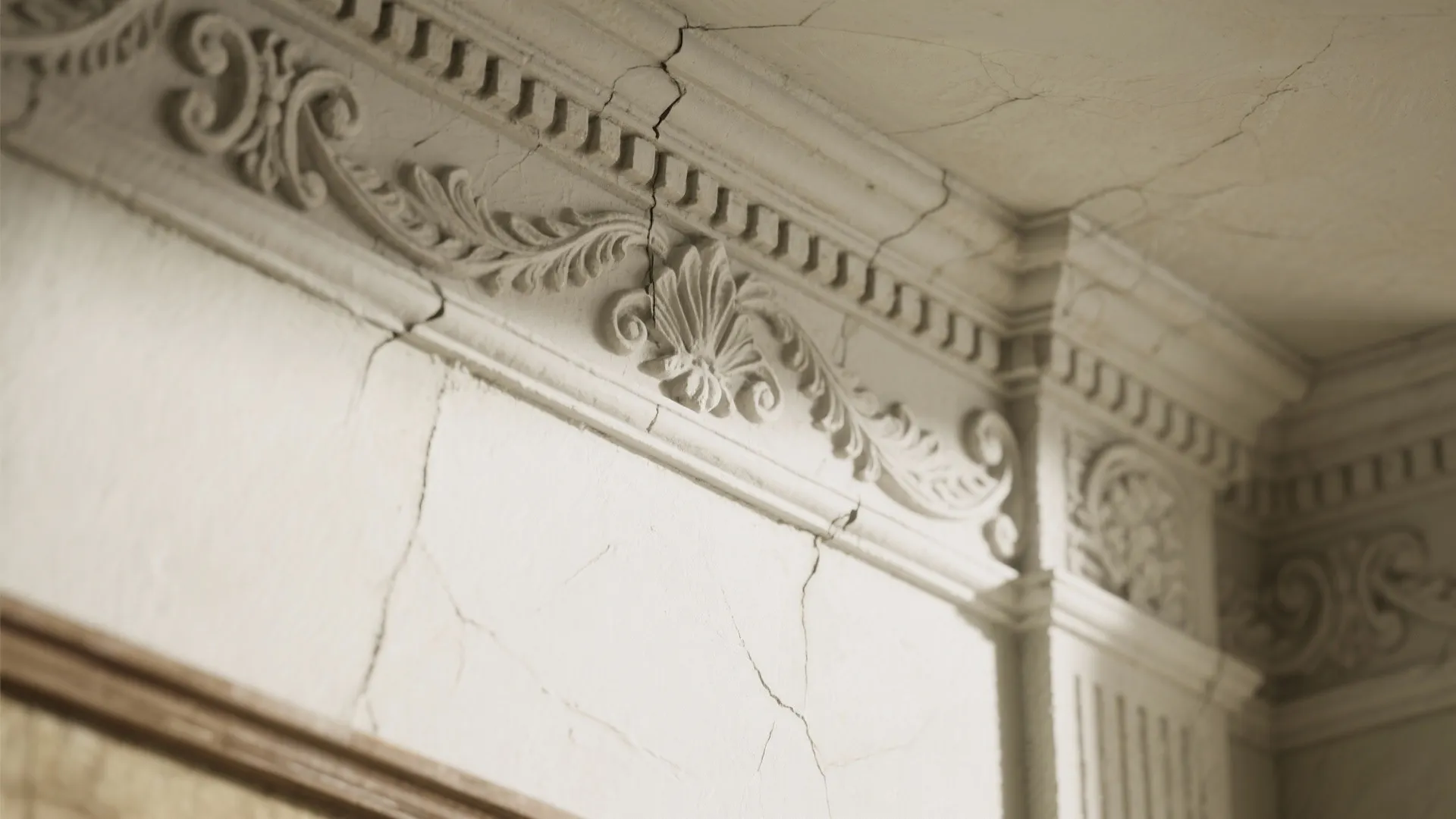 Close view of decorative white wall panel with visible cracks near a patterned ceiling corner