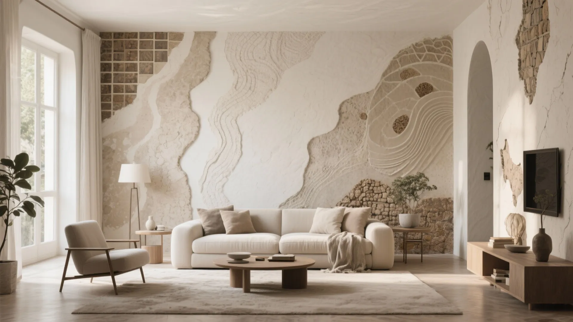 Spacious living room with artistic textured wall white sofa wooden coffee table and large bright windows