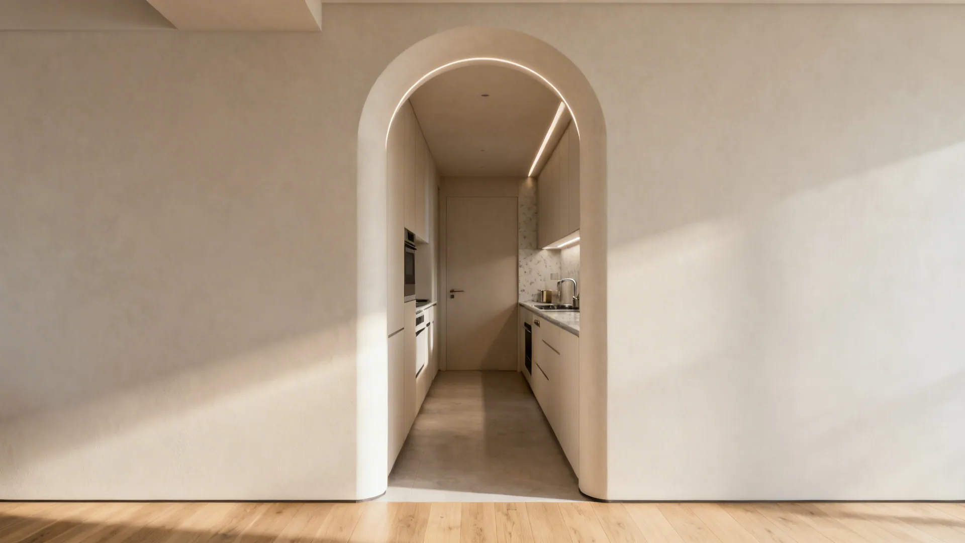 Soft plaster segmental arch framing a narrow kitchen entry with light neutrals and oak flooring.