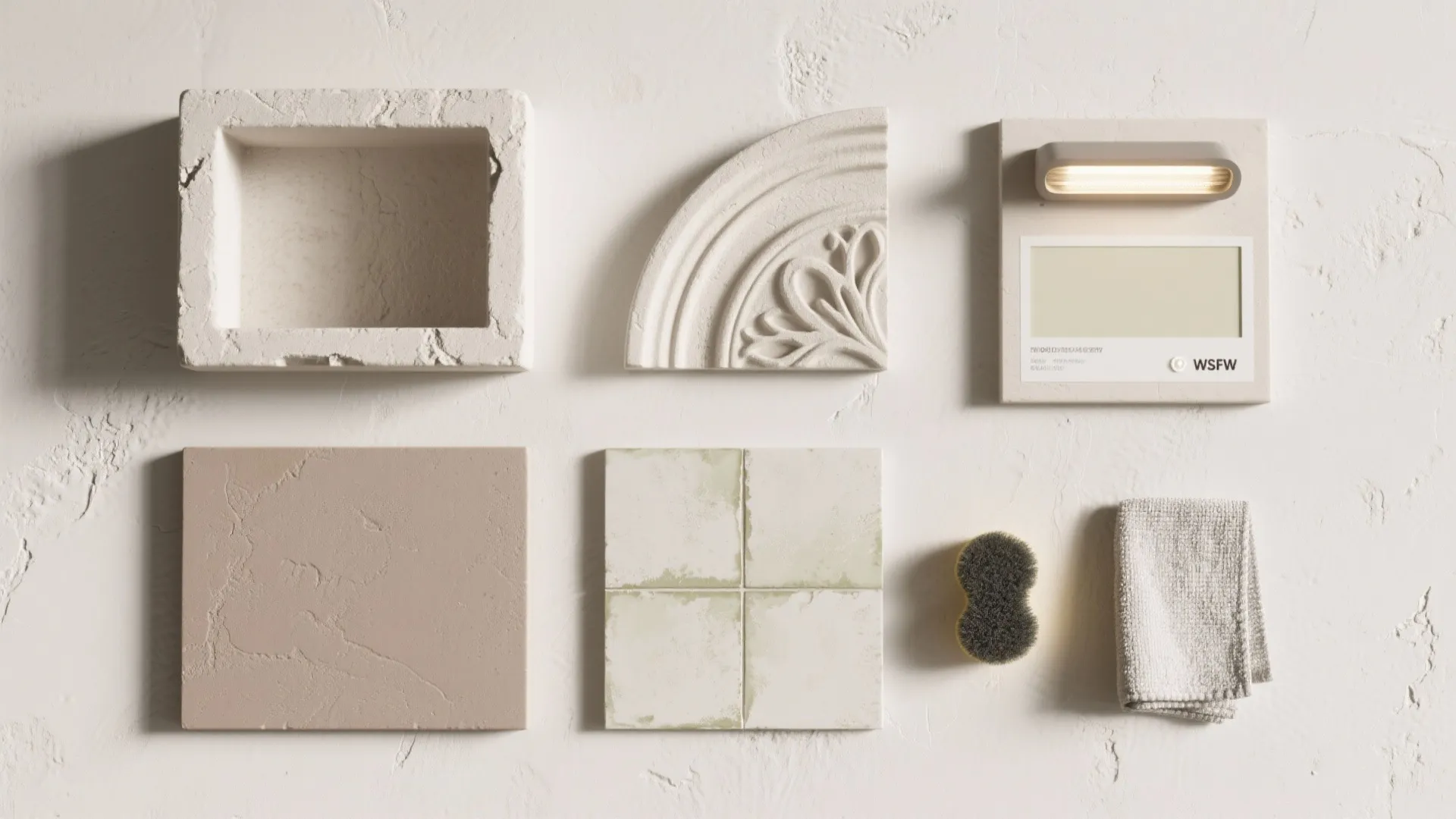 Collection of interior material samples including plaster molding tiles light fixture cleaning brush and cloth