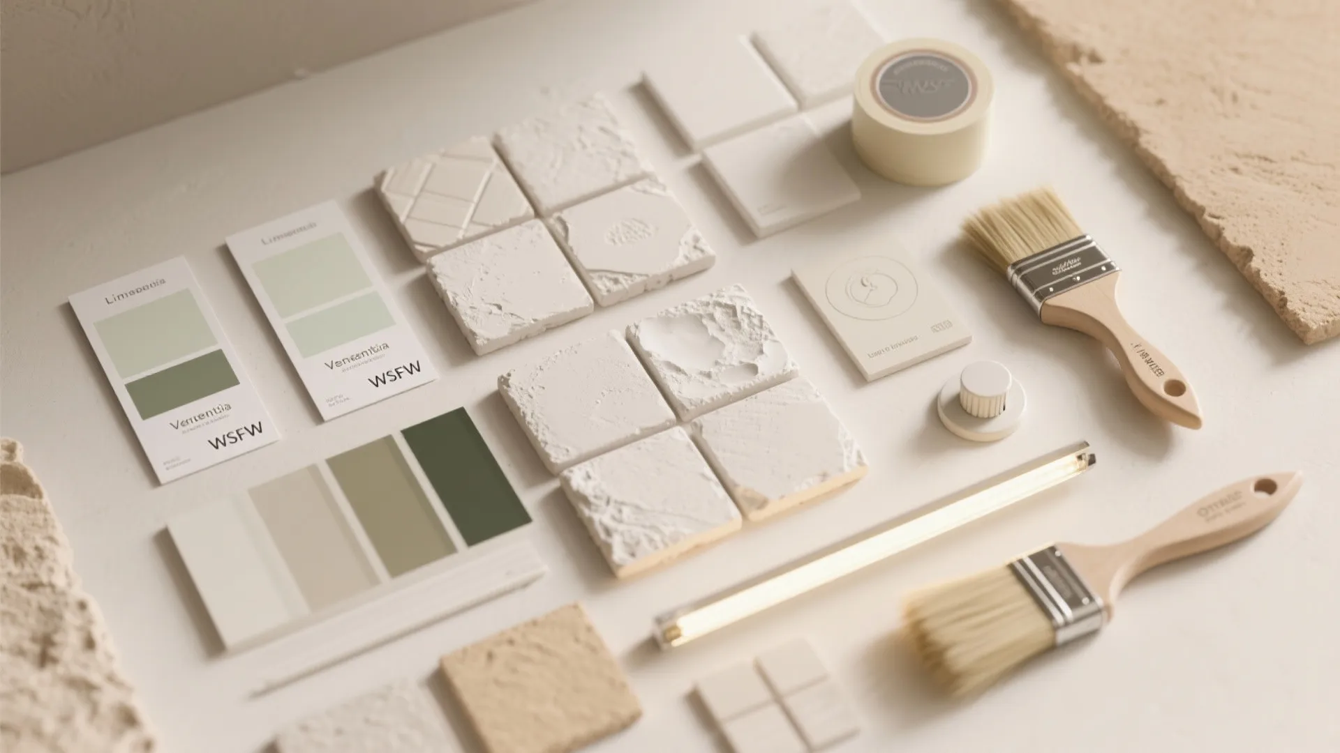 Interior design mood board with paint swatches plaster tiles brushes and natural stone material samples