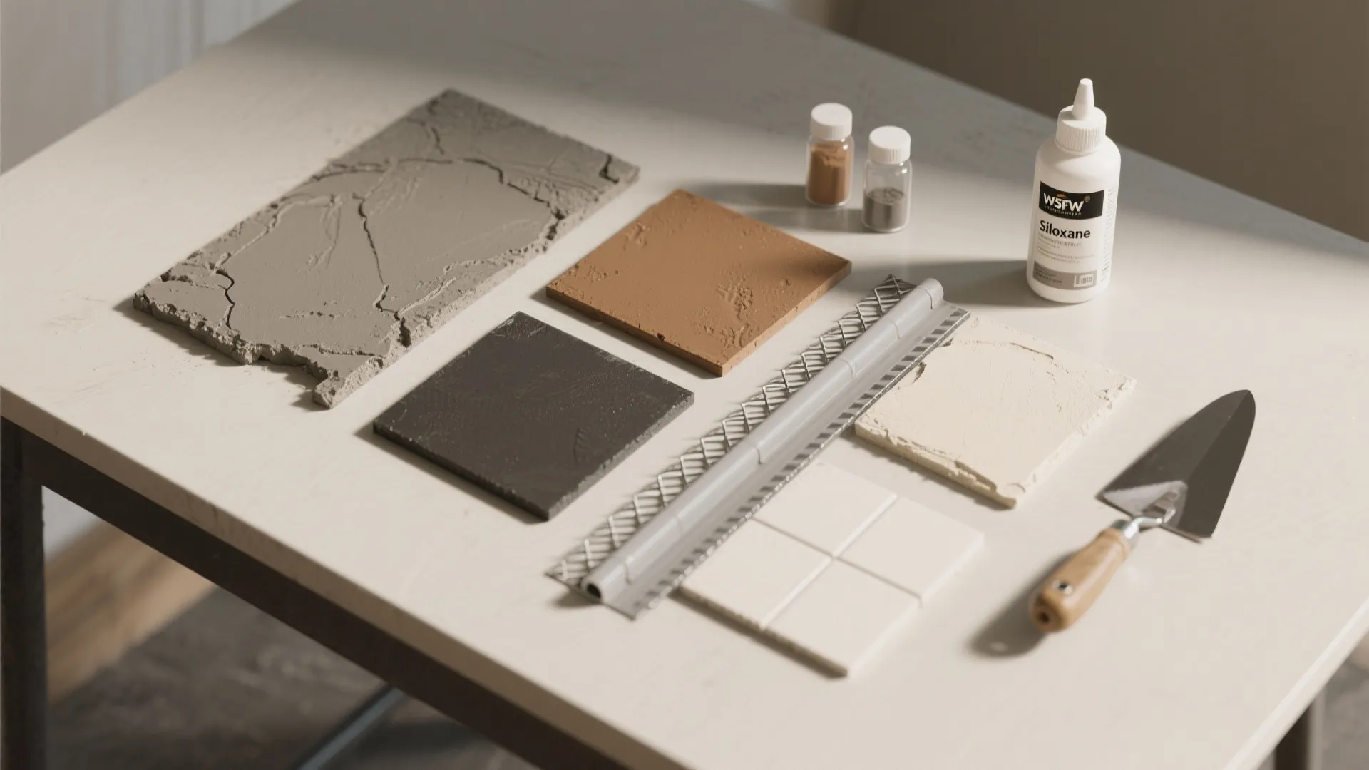 Plaster samples in different colors and textures with tools and bottle on a white table