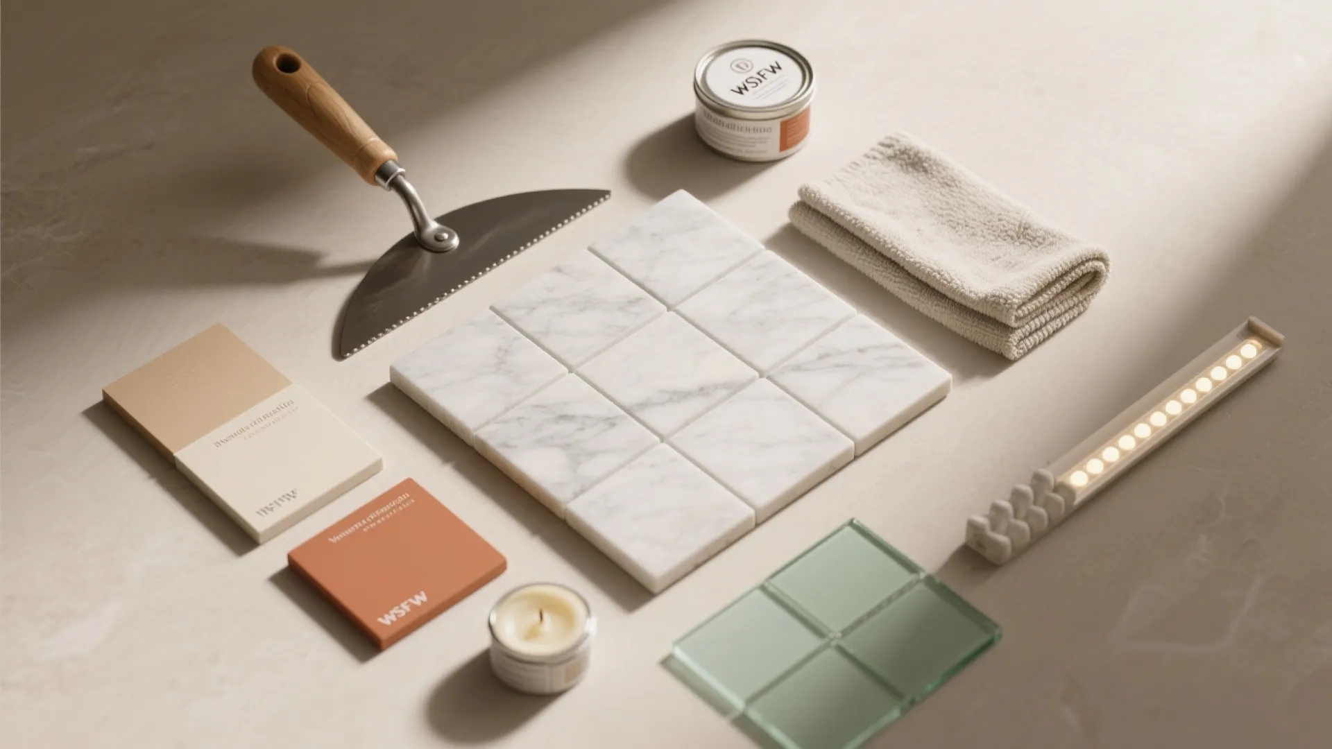 Interior design materials including marble tiles, metal tool, folded towel, color samples, and small candle