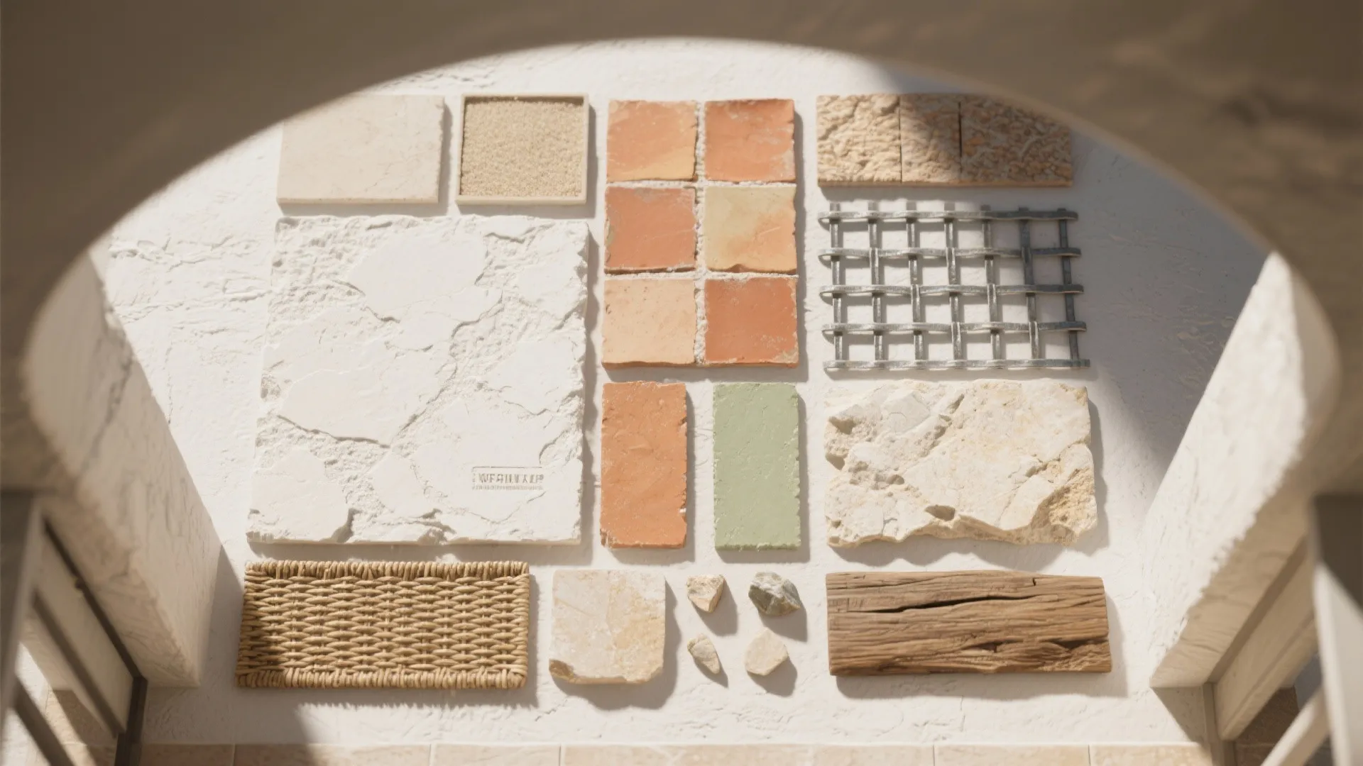 Interior design material board with tiles, wood, stone samples, woven fabric, and white plaster textures