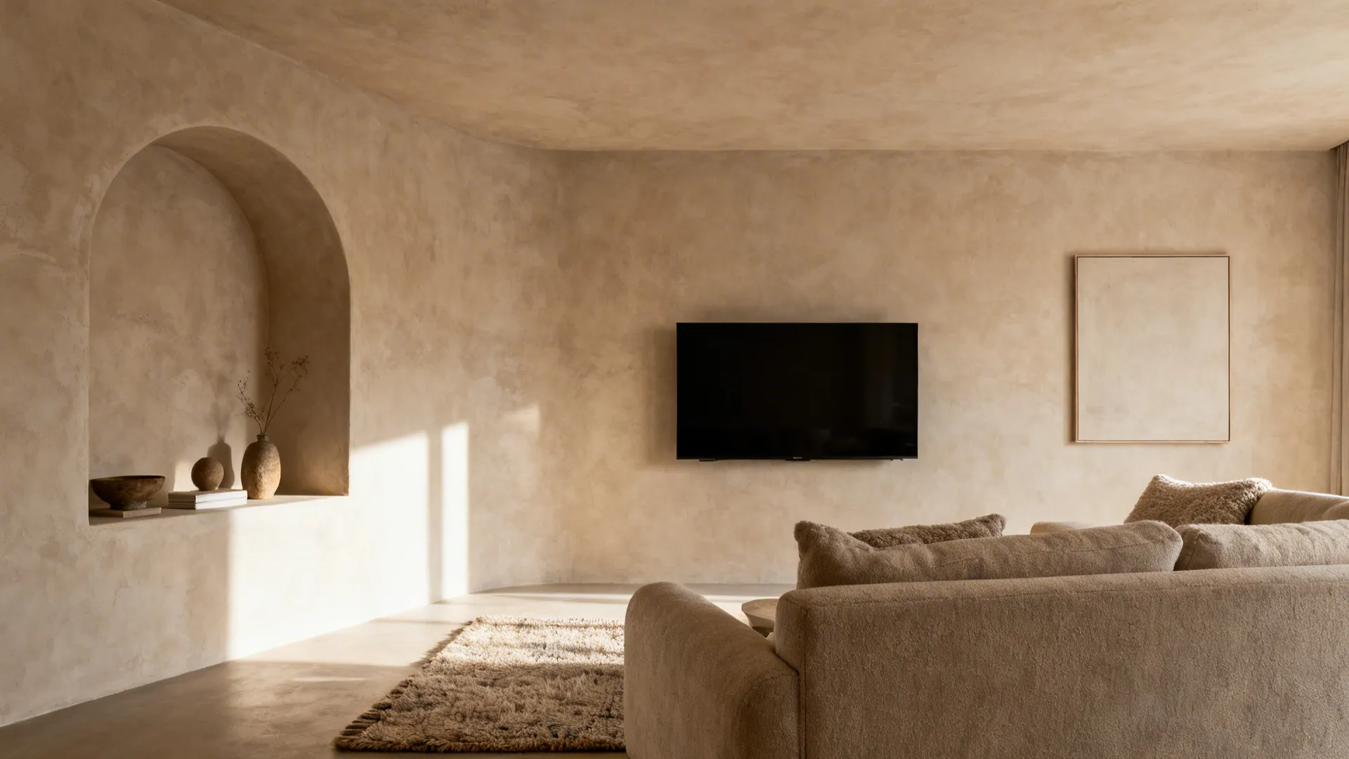 Textured plaster wall with soft curved corner and arched niche in a cozy living room.