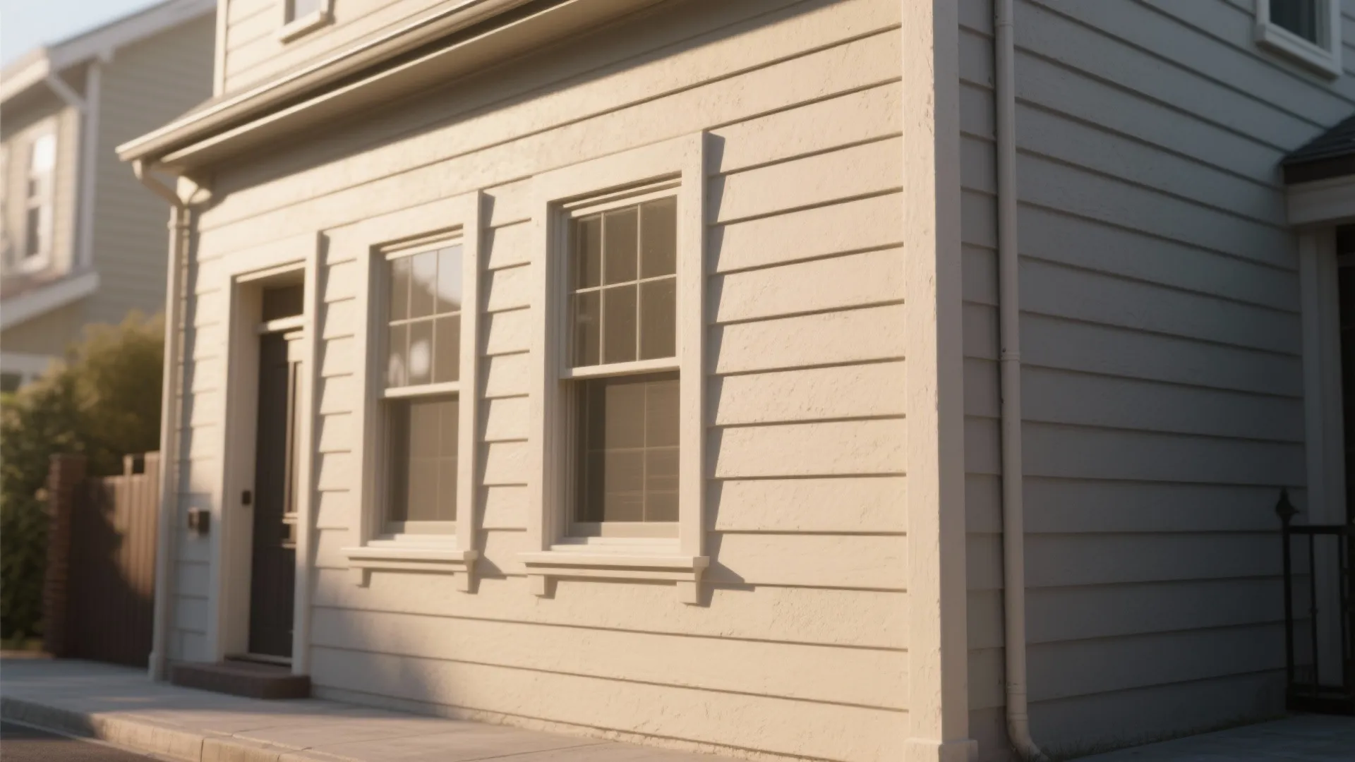 House exterior with white wall panel design two windows and one door in daylight setting