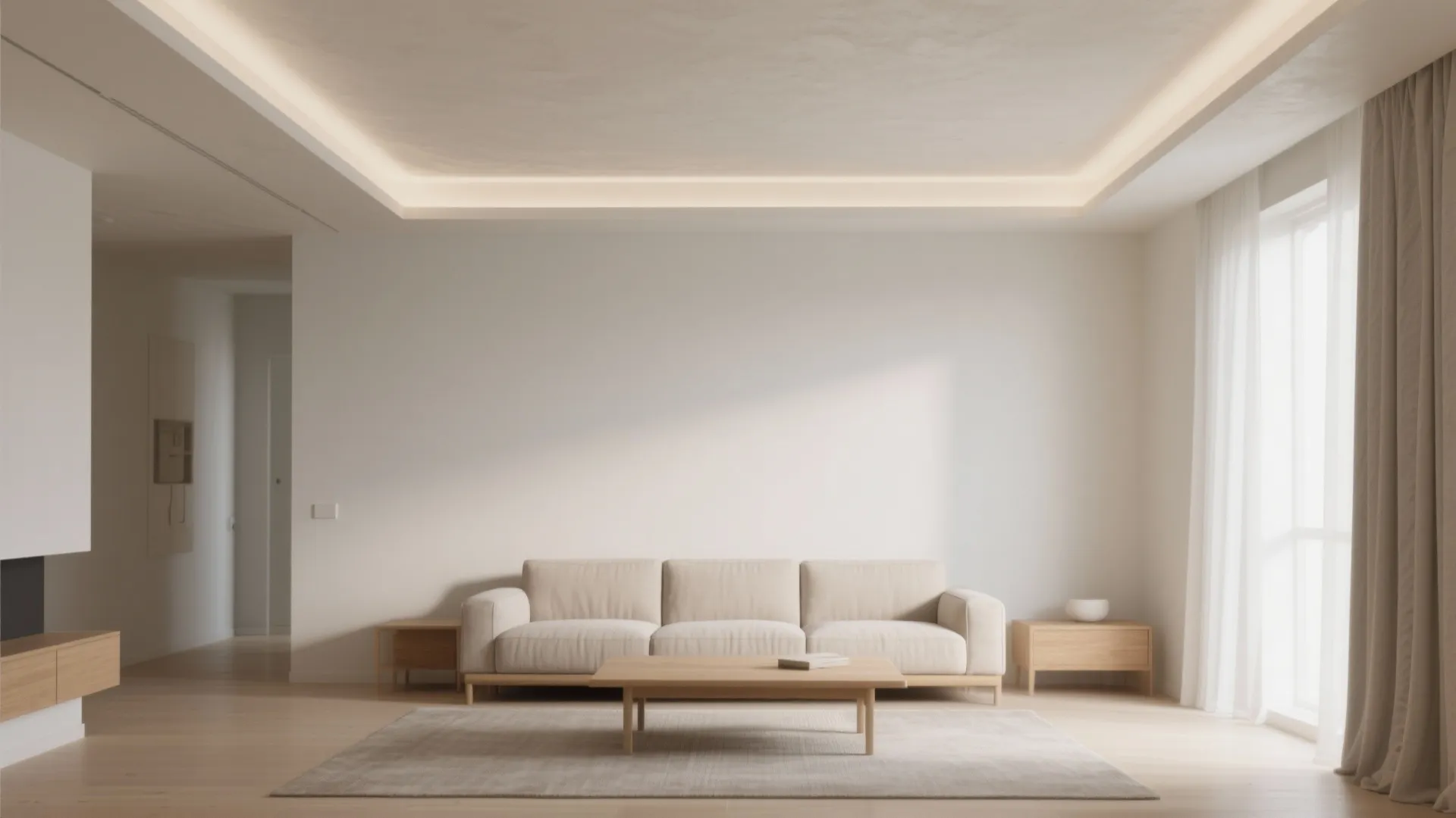 Minimalist living room with beige sofa wooden coffee table white walls and recessed ceiling light