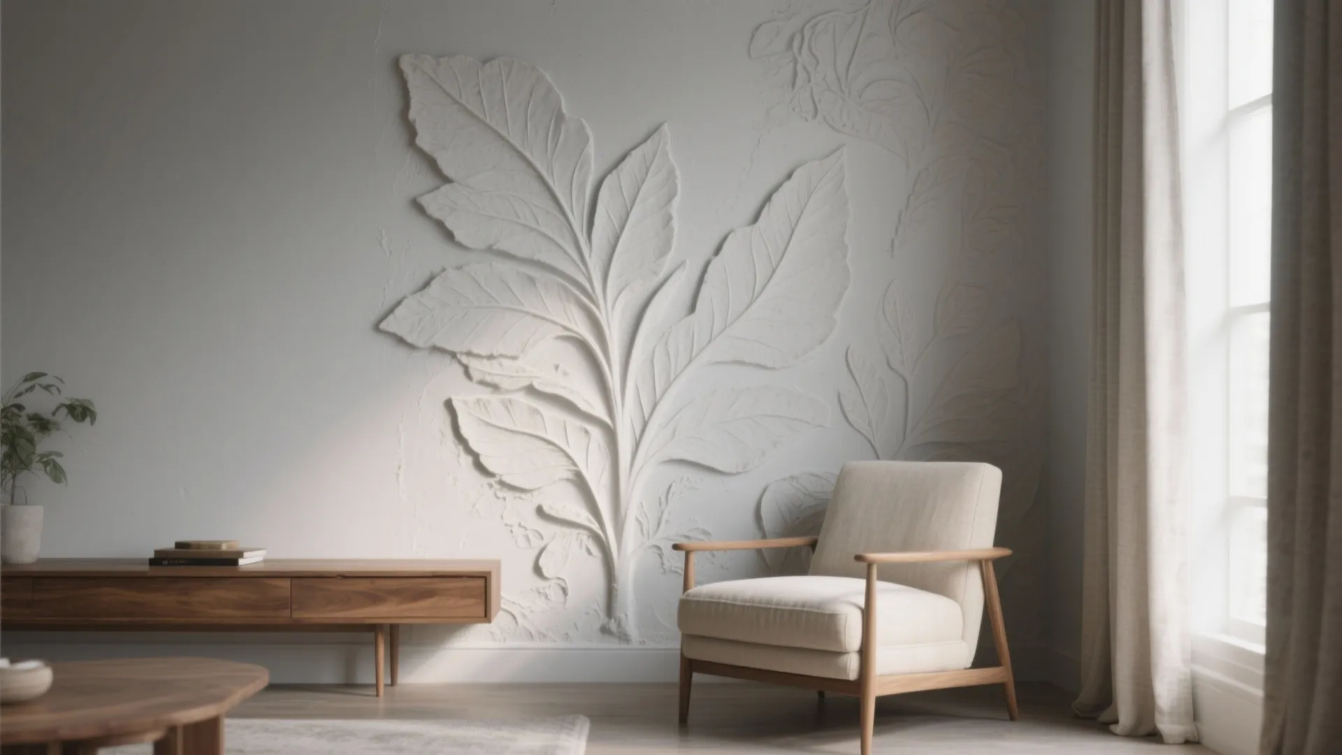 Sculpted Plaster Leaves as a Calm Feature Wall