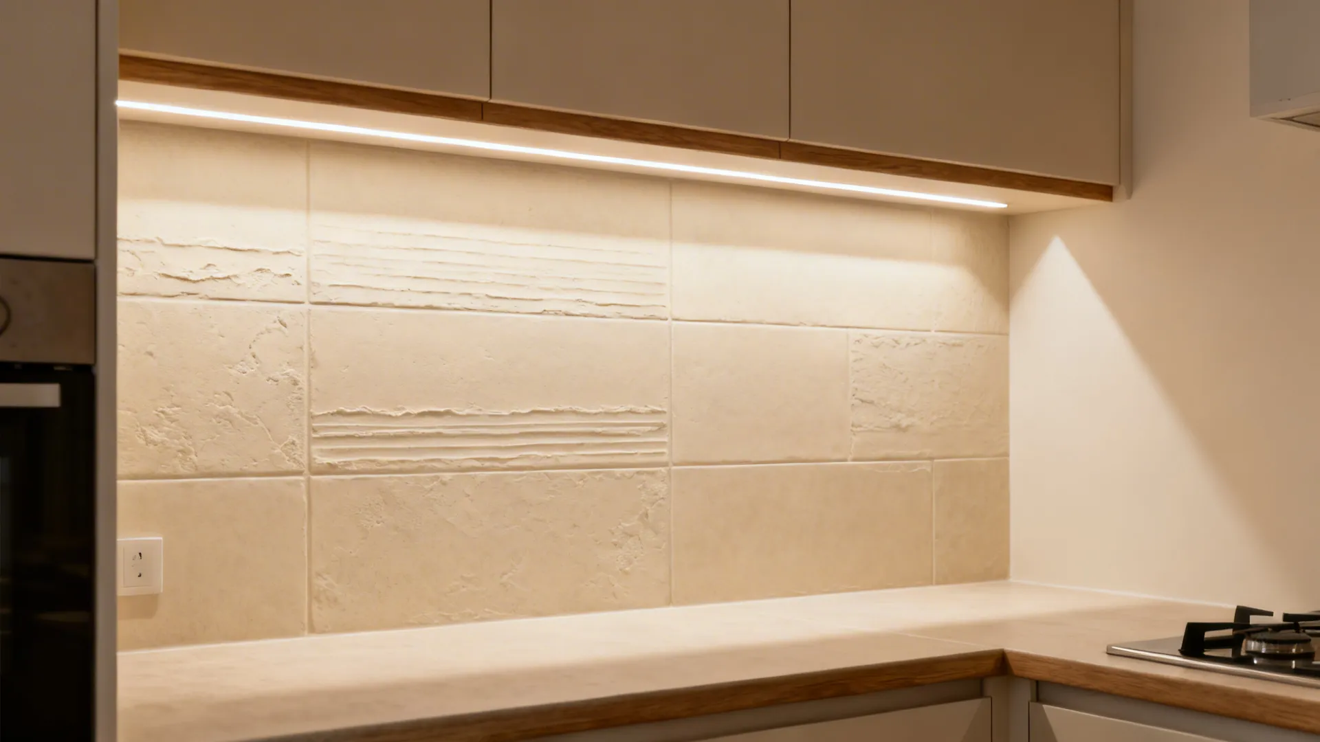 Light beige plaster-look porcelain backsplash with subtle texture lit by warm under-cabinet LEDs.