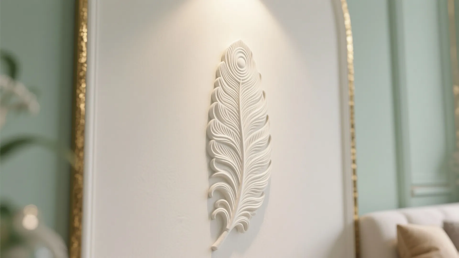 Close up view of a white feather wall panel decoration in a modern bright room