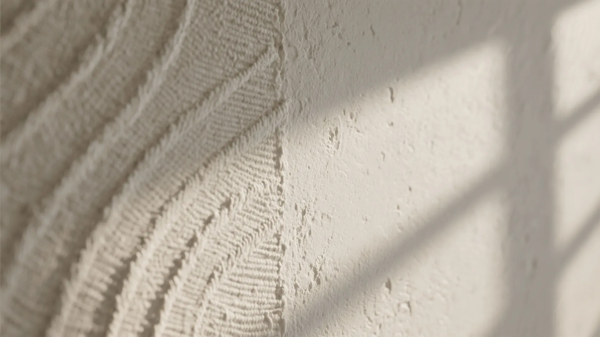 Close up shot of textured white wall panel material with sunlight and soft window shadows