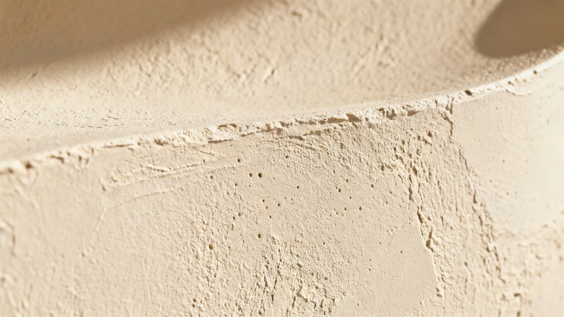 Macro of textured plaster highlighting a smooth curved transition and matte finish.