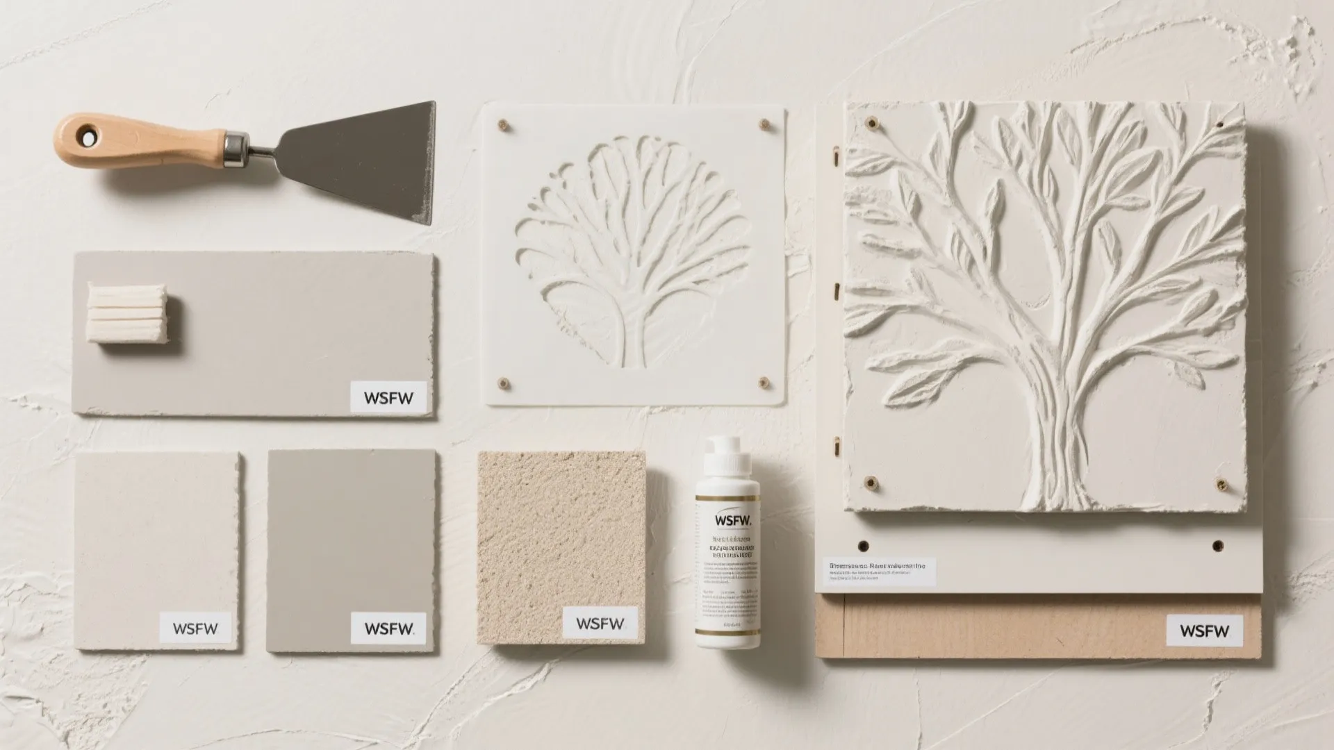 5) Textured plaster with subtle tree relief (trowel or stencil)