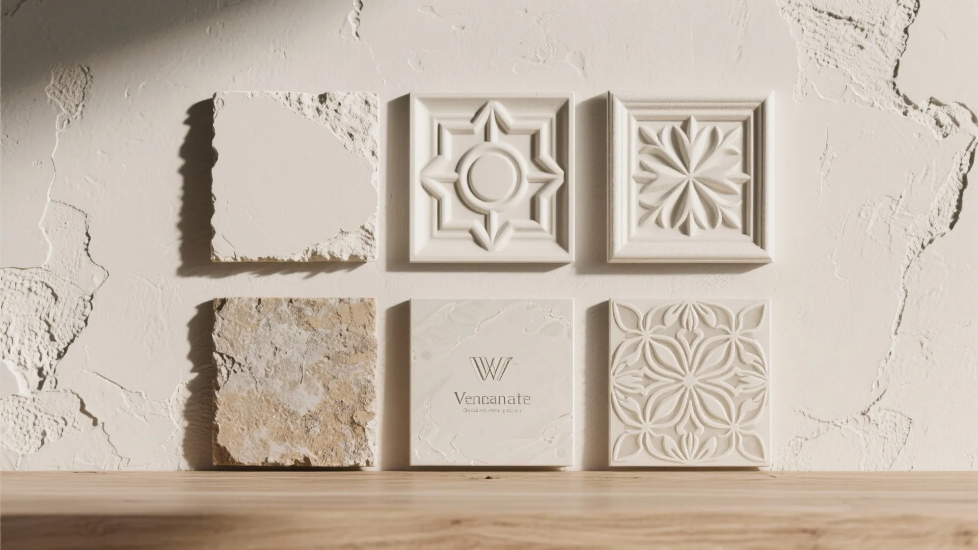 Six square plaster wall panel samples with different textures and patterns displayed on a surface