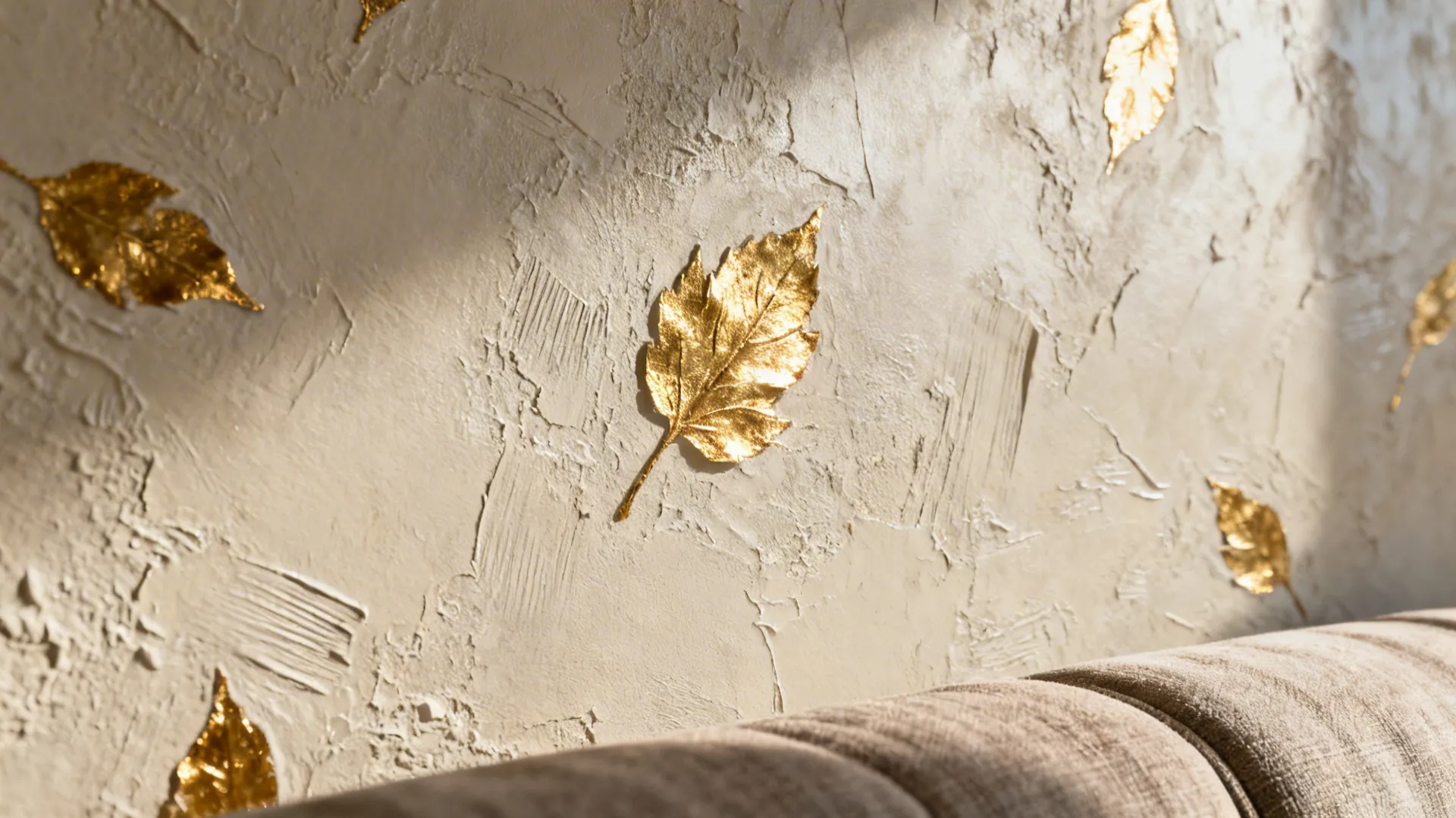 Macro view of Venetian plaster wall with subtle gold leaf highlights and textured trowel marks.