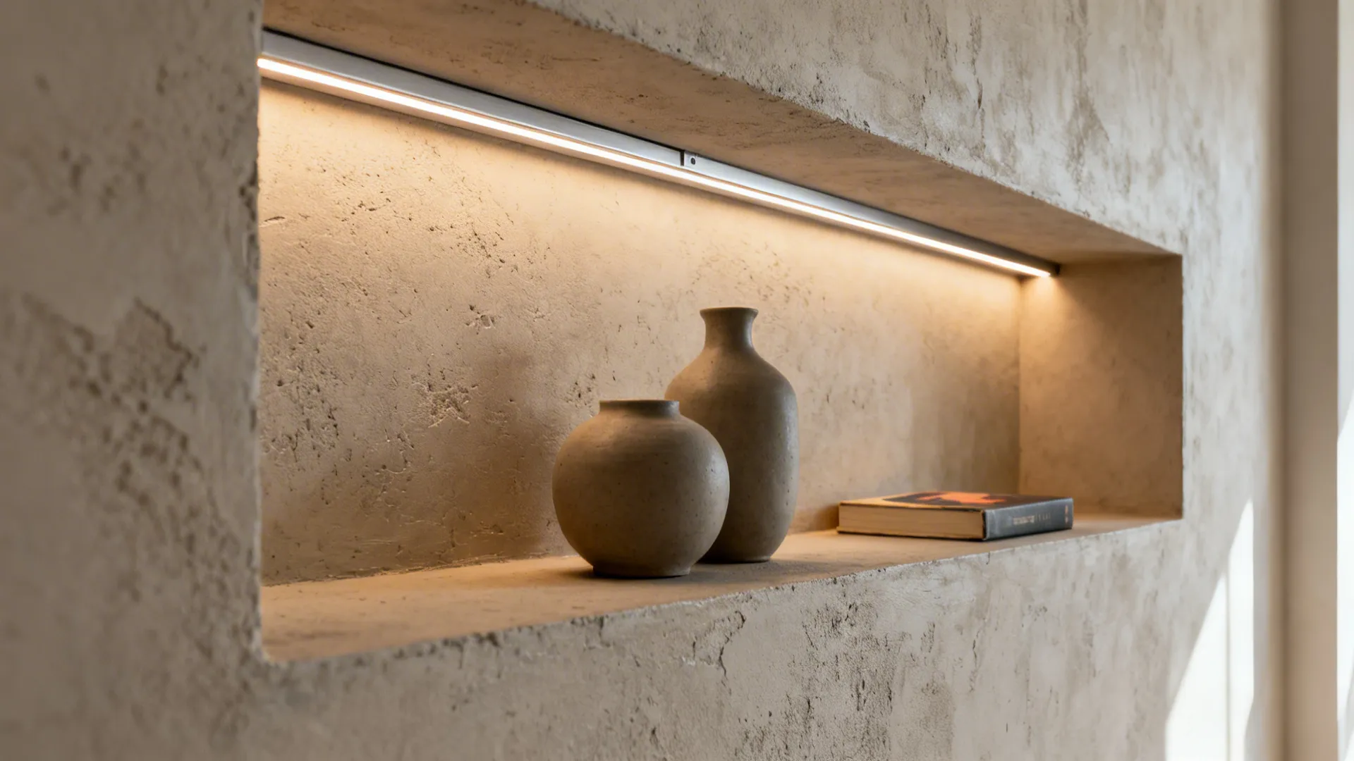 Microcement wall niche with recessed LED strip casting a warm, even wash of light.