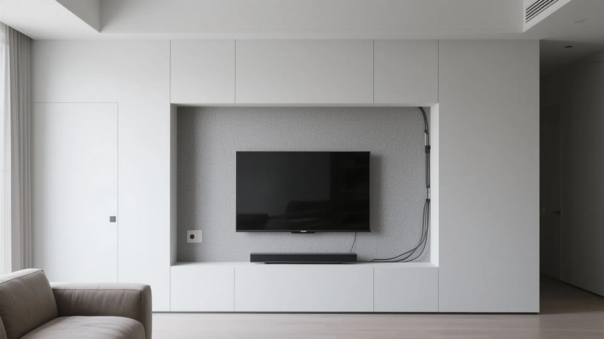 Minimalist plaster niche with soundbar shelf