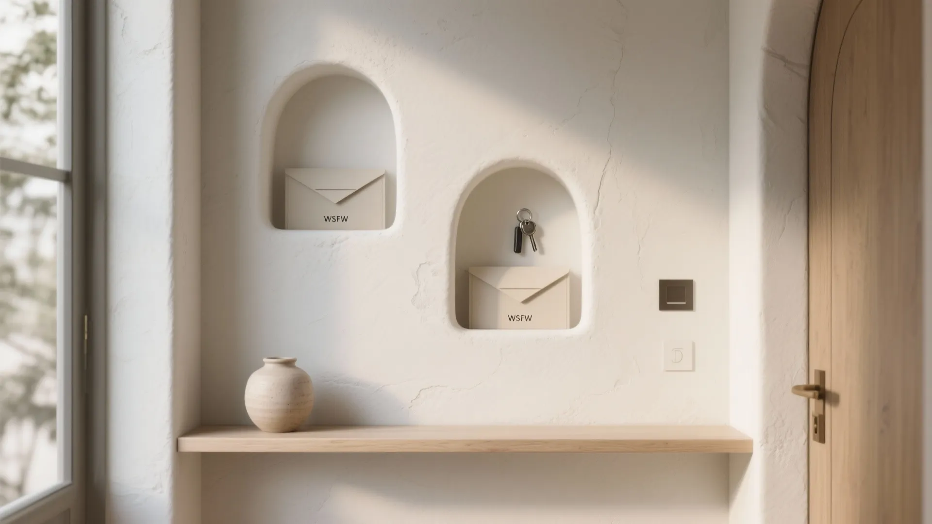 White plaster wall with recessed arched shelves holding letters and keys above a wooden shelf