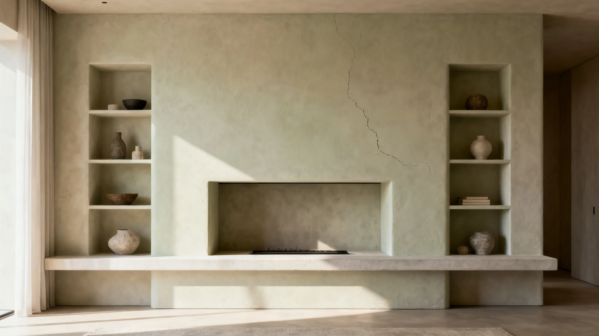 Seamless full-wall plaster fireplace with integrated decorative niches and minimalist styling.