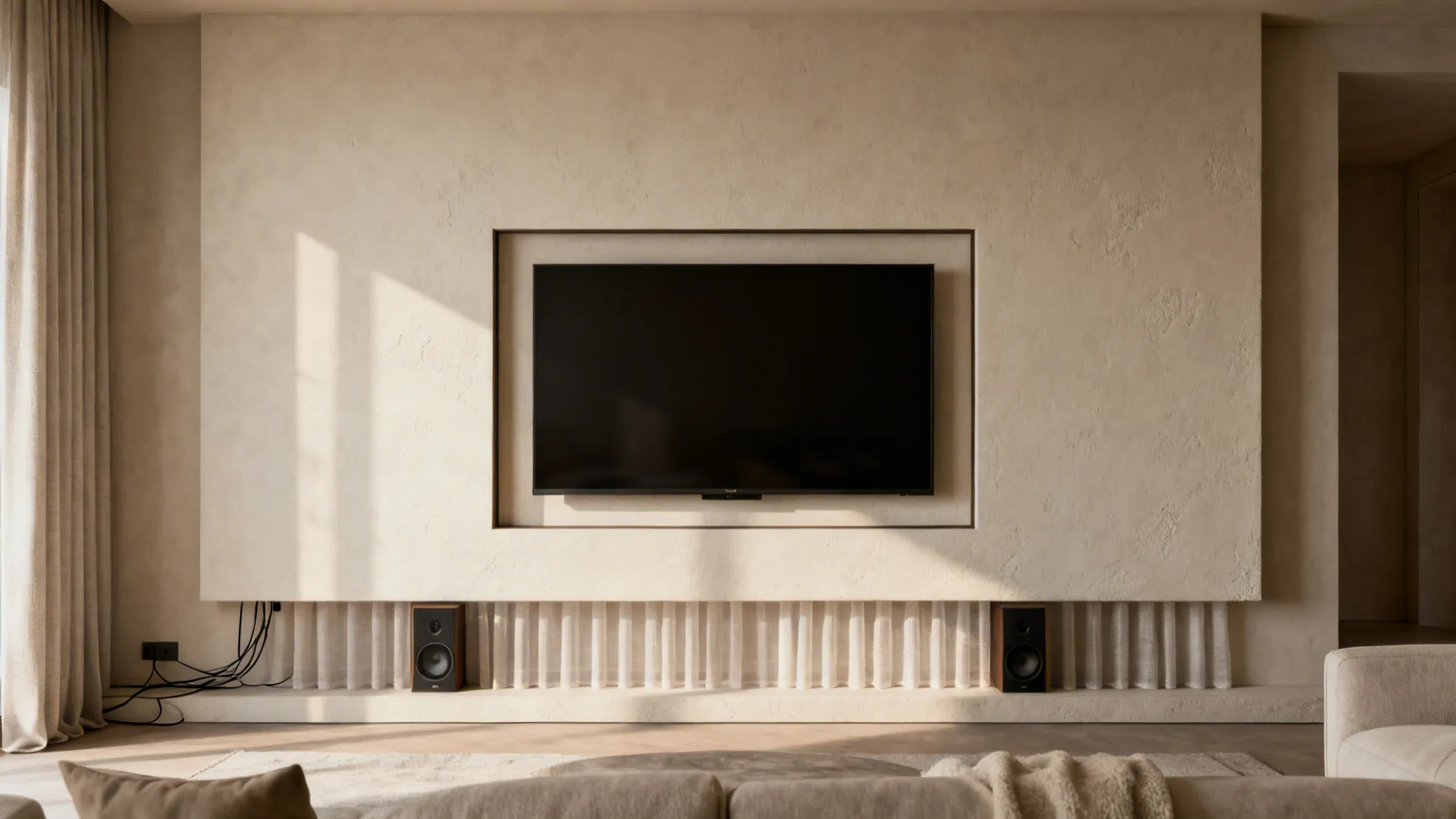 Minimal plaster TV panel with a crisp shadow gap and concealed speakers behind fabric strips.