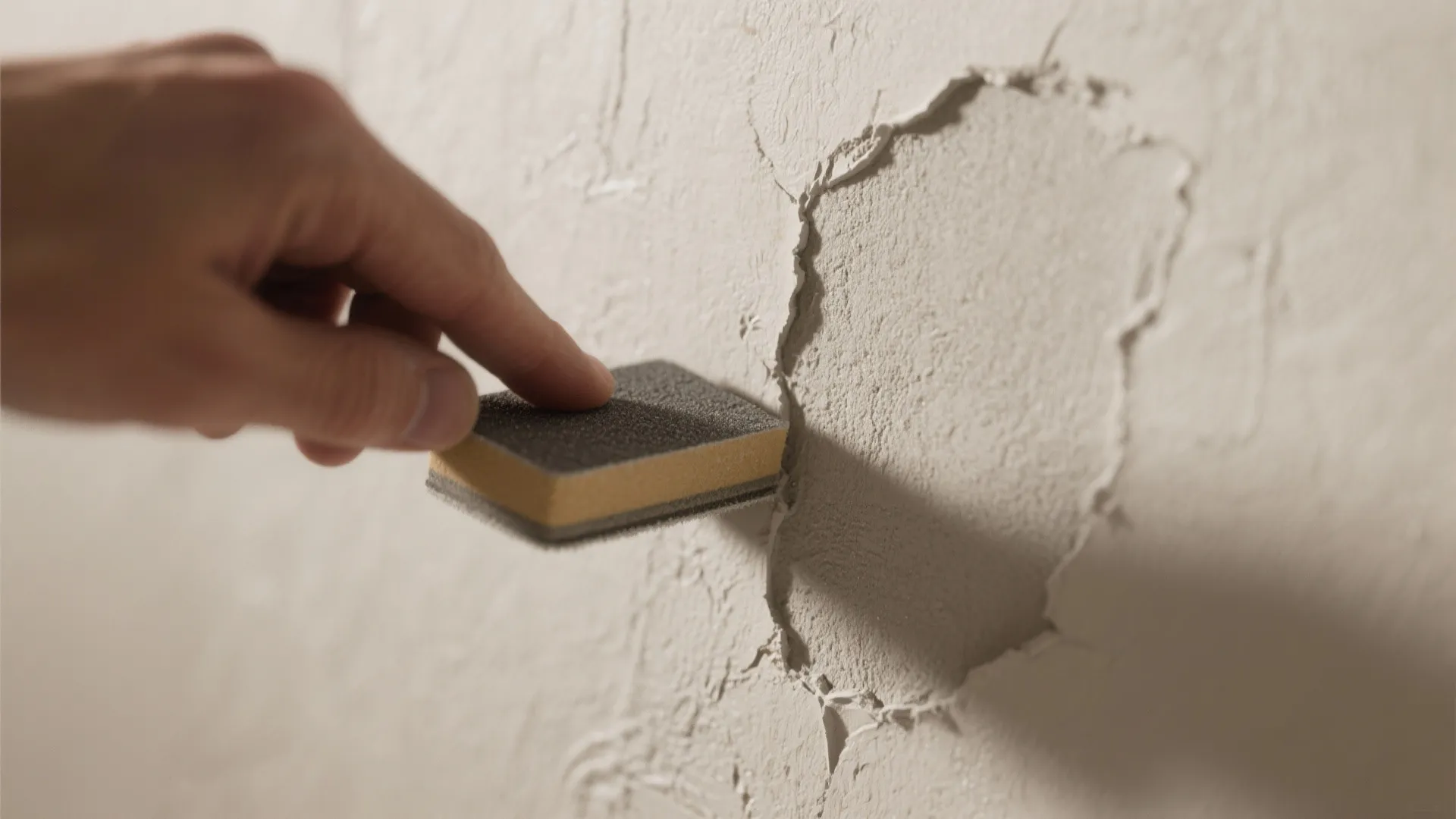 Hand using a sanding sponge to smooth a large repaired crack on a textured white wall