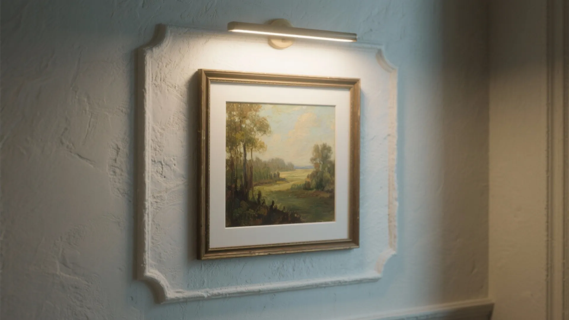Plaster-backplate picture light highlighting artwork on a small wall without clutter